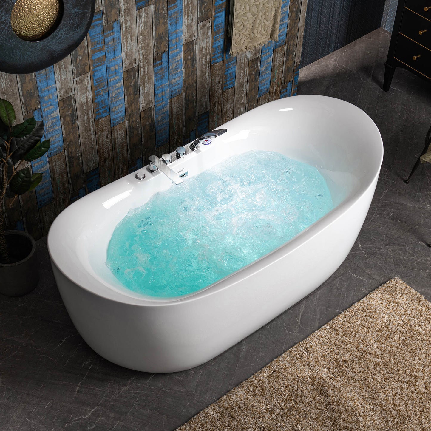 WOODBRIDGE 72" x 35-3/8" Whirlpool Water Jetted and Air Bubble Freestanding Heated Soaking Combination Bathtub with Tub Filler and LED control panel , BJ400+F0041CH