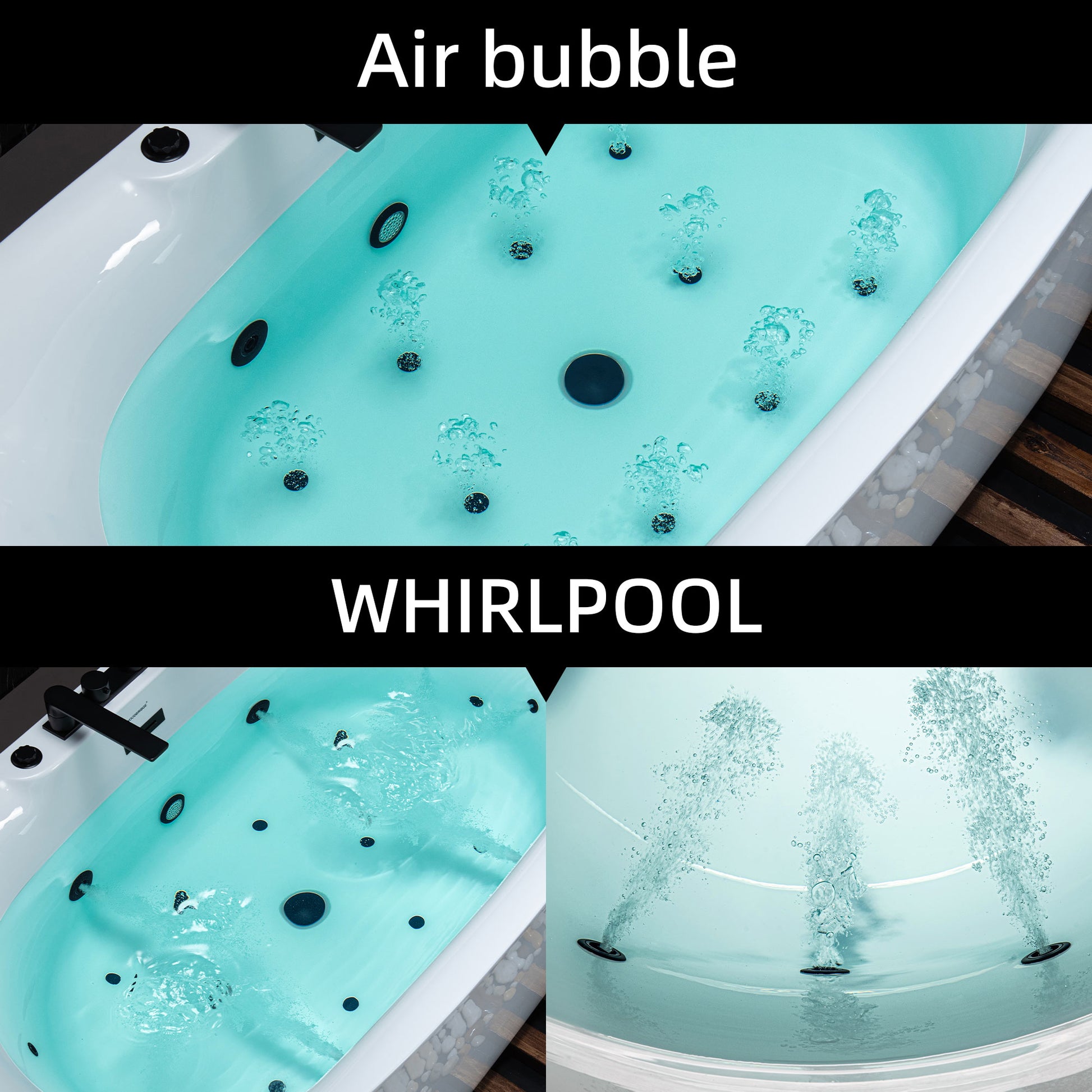 WOODBRIDGE 72" x 35-3/8" Whirlpool and Air Bath Heated Soaking Combination Tub with Adjustable Speed Air Blower, Tub Filler, and LED control panel, Matte Black Finish Trim and Drain Kit, BM400+F0051MB