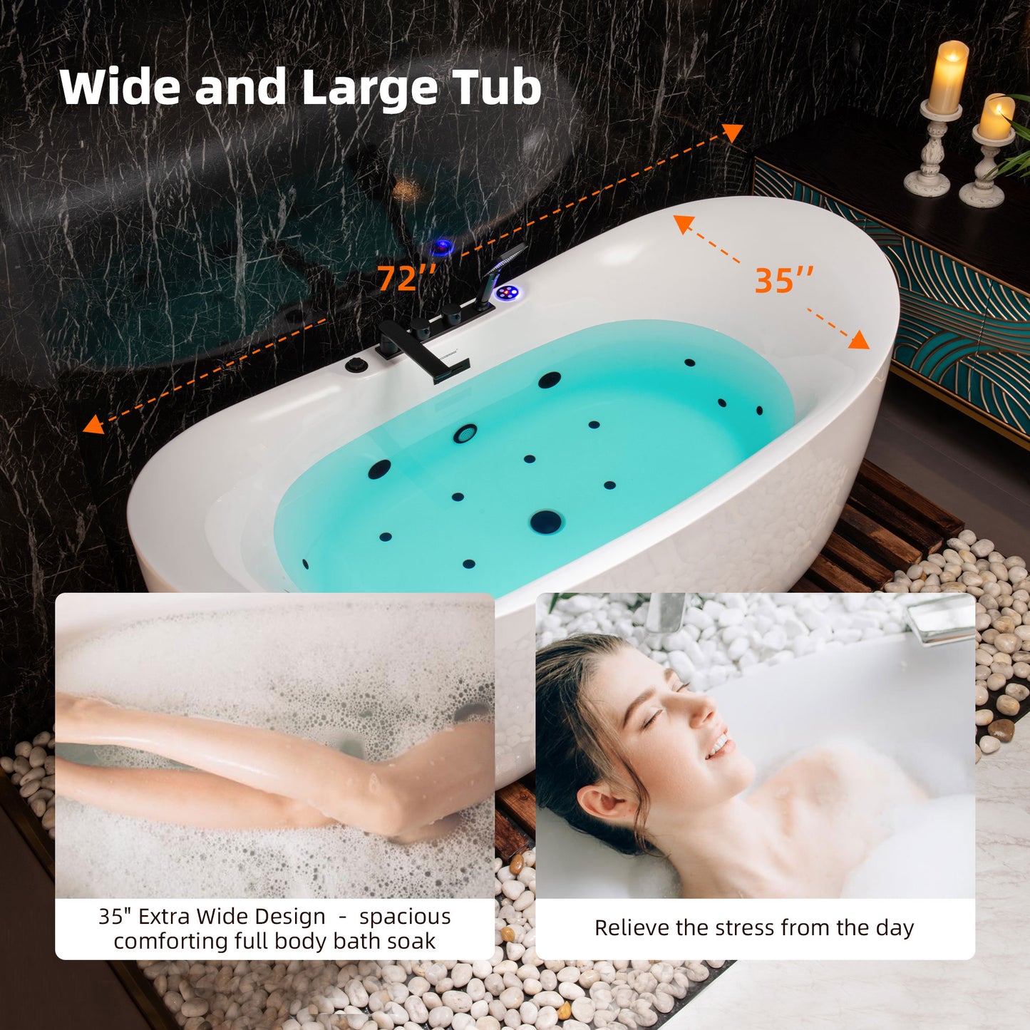 WOODBRIDGE 72" x 35-3/8" Whirlpool and Air Bath Heated Soaking Combination Tub with Adjustable Speed Air Blower, Tub Filler, and LED control panel, Matte Black Finish Trim and Drain Kit, BM400+F0051MB