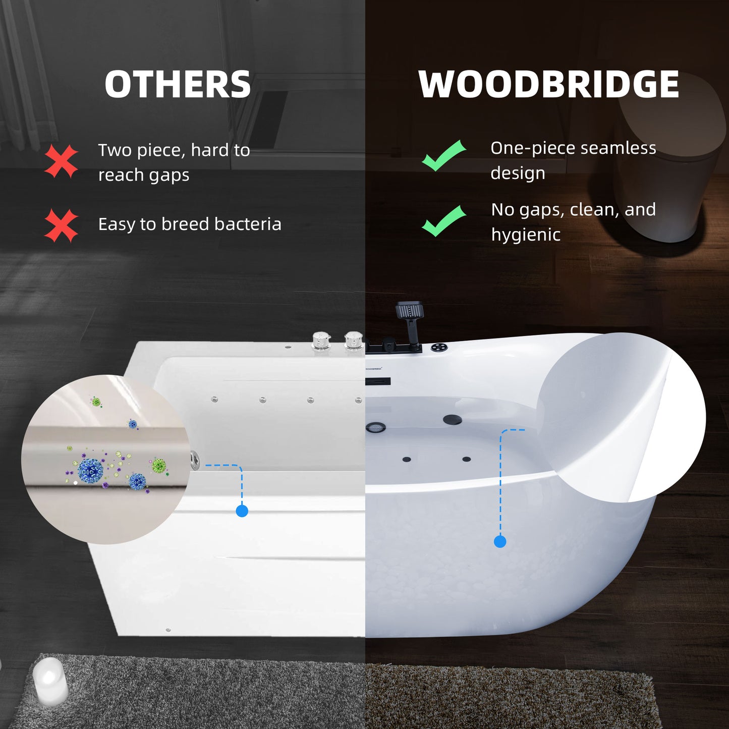 WOODBRIDGE 72" x 35-3/8" Whirlpool and Air Bath Heated Soaking Combination Tub with Adjustable Speed Air Blower, Tub Filler, and LED control panel, Matte Black Finish Trim and Drain Kit, BM400+F0051MB