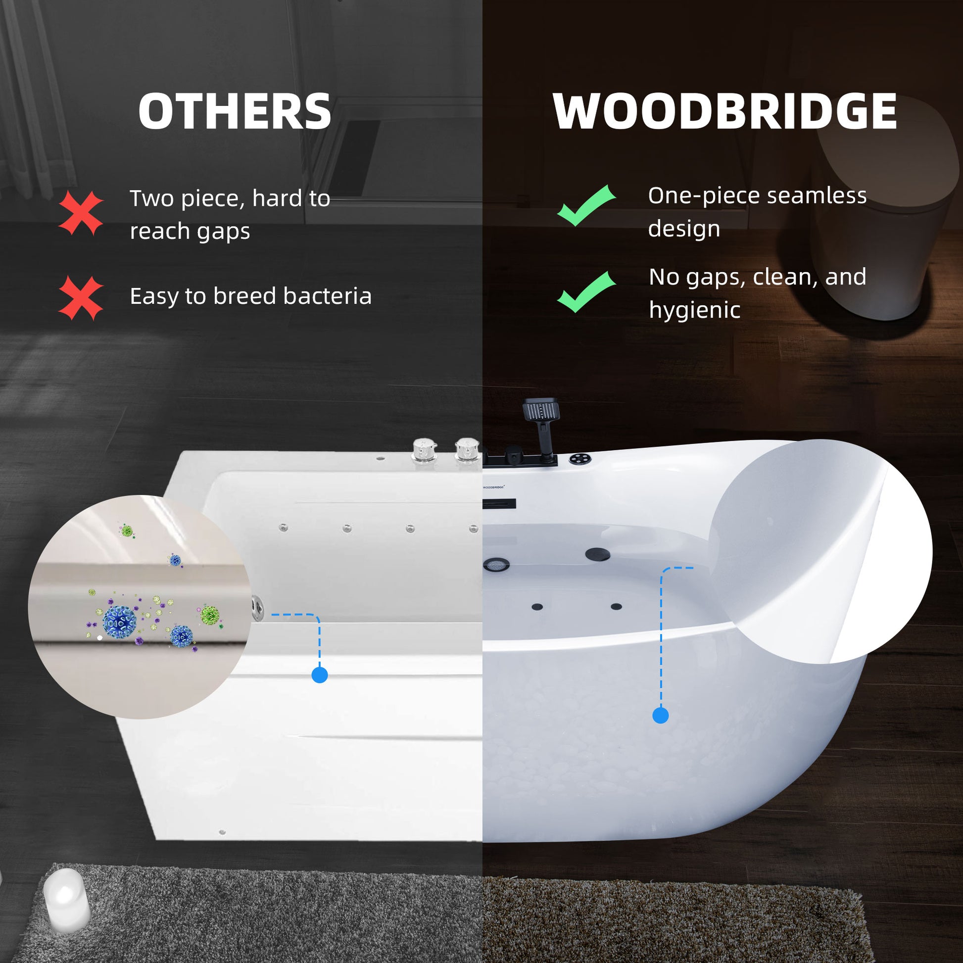 WOODBRIDGE 72" x 35-3/8" Whirlpool and Air Bath Heated Soaking Combination Tub with Adjustable Speed Air Blower, Tub Filler, and LED control panel, Matte Black Finish Trim and Drain Kit, BM400+F0051MB