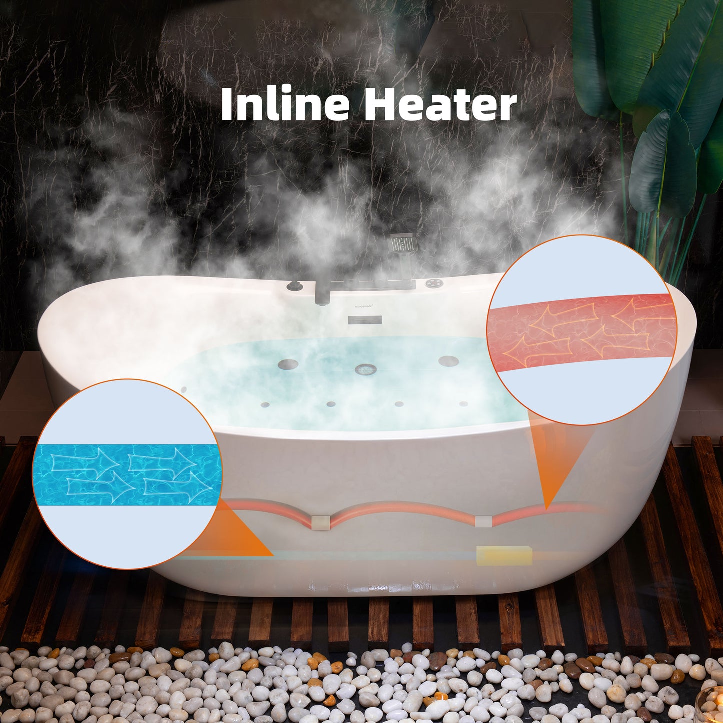 WOODBRIDGE 72" x 35-3/8" Whirlpool and Air Bath Heated Soaking Combination Tub with Adjustable Speed Air Blower, Tub Filler, and LED control panel, Matte Black Finish Trim and Drain Kit, BM400+F0051MB