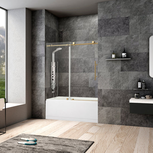 Villena Single Sliding Frameless Tub Door in Brushed Gold - 60" W x 58" H