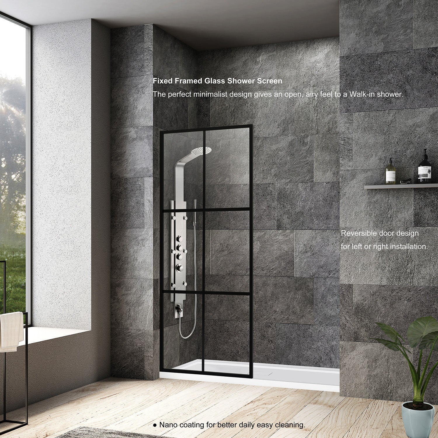 Azpeitia 34" W x 74" H Framed Fixed Glass Panel in Matte Black