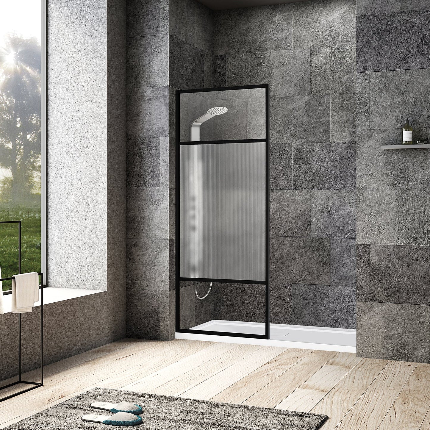 Tafalla 34" W x 74" H Frameless Fixed Glass Panel