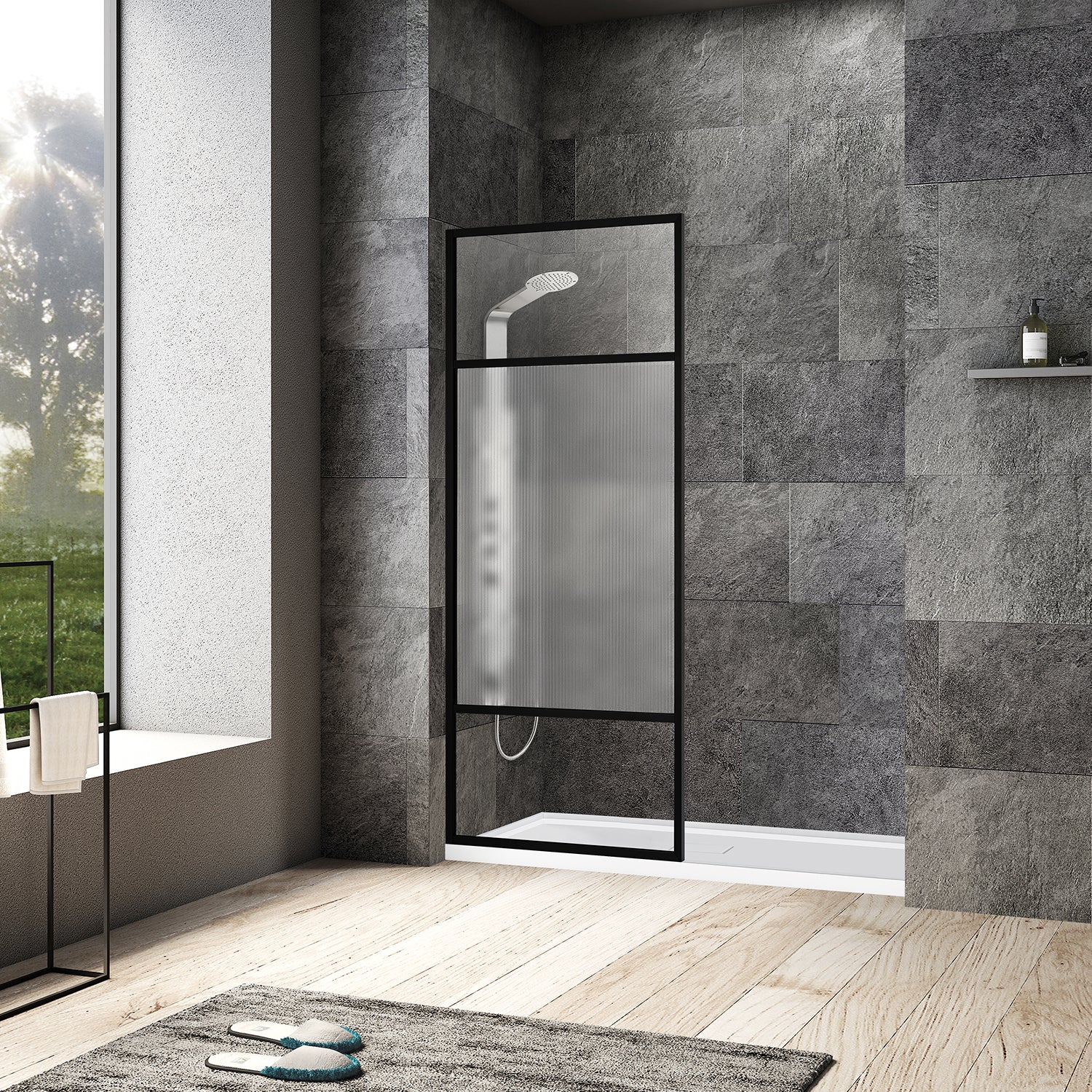 Tafalla 34" W x 74" H Frameless Fixed Glass Panel