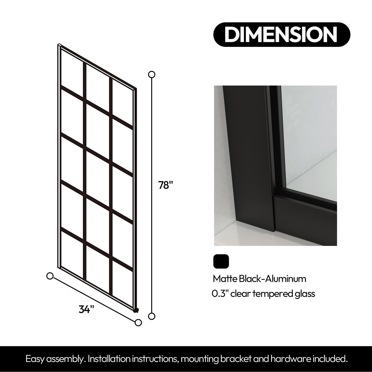 Puente 34" W x 78" H Fixed Single Panel Frameless Shower Door in Matte Black with Clear Glass