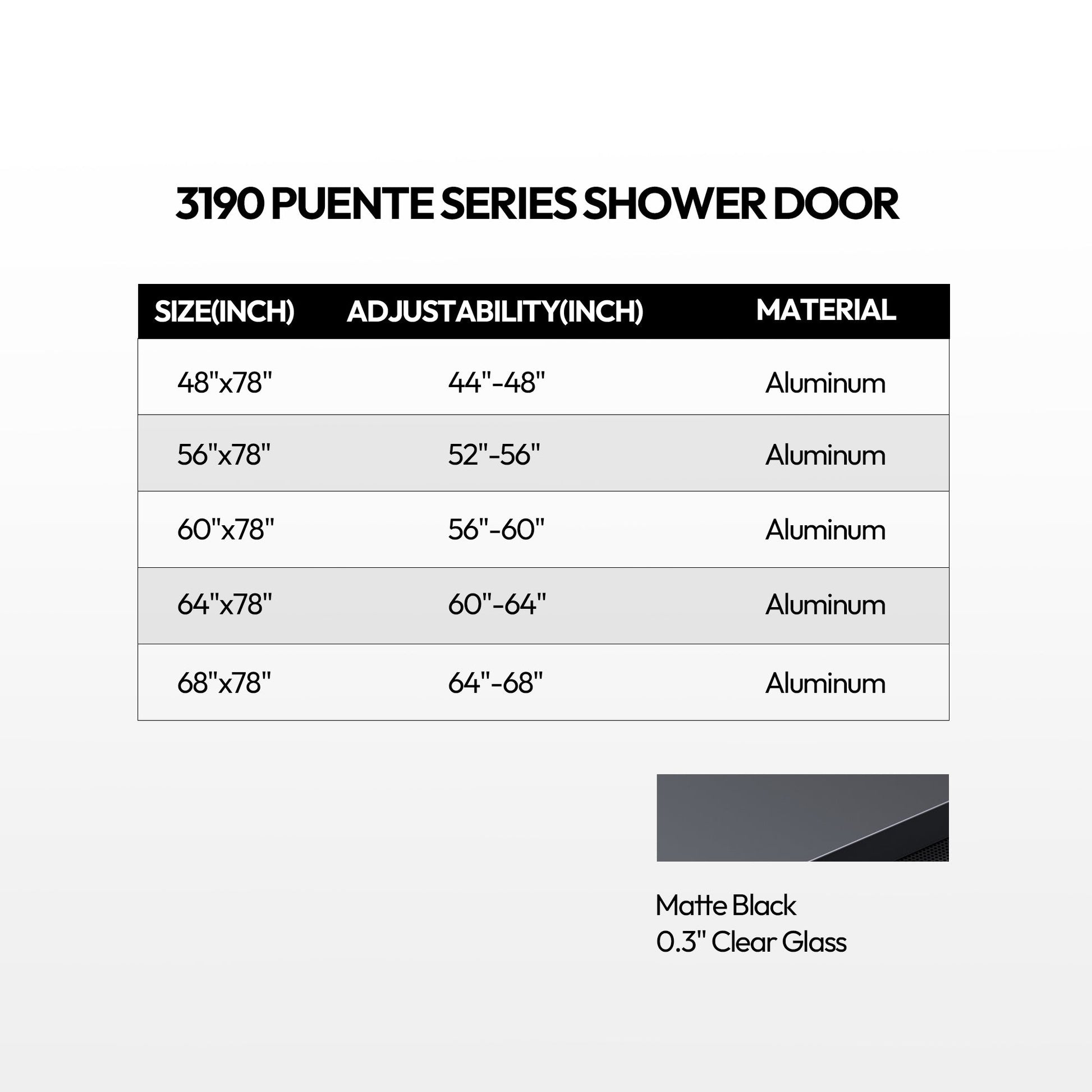 Puente Single Sliding Frameless Shower Door in Matte Black