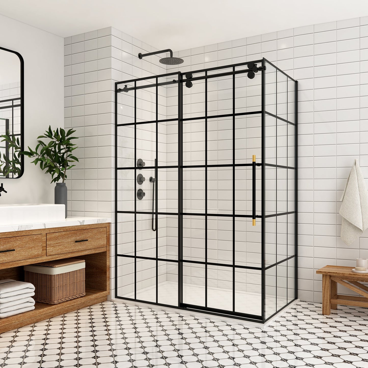 Puente Rectangle Single Sliding Frameless Shower Enclosure in Matte Black