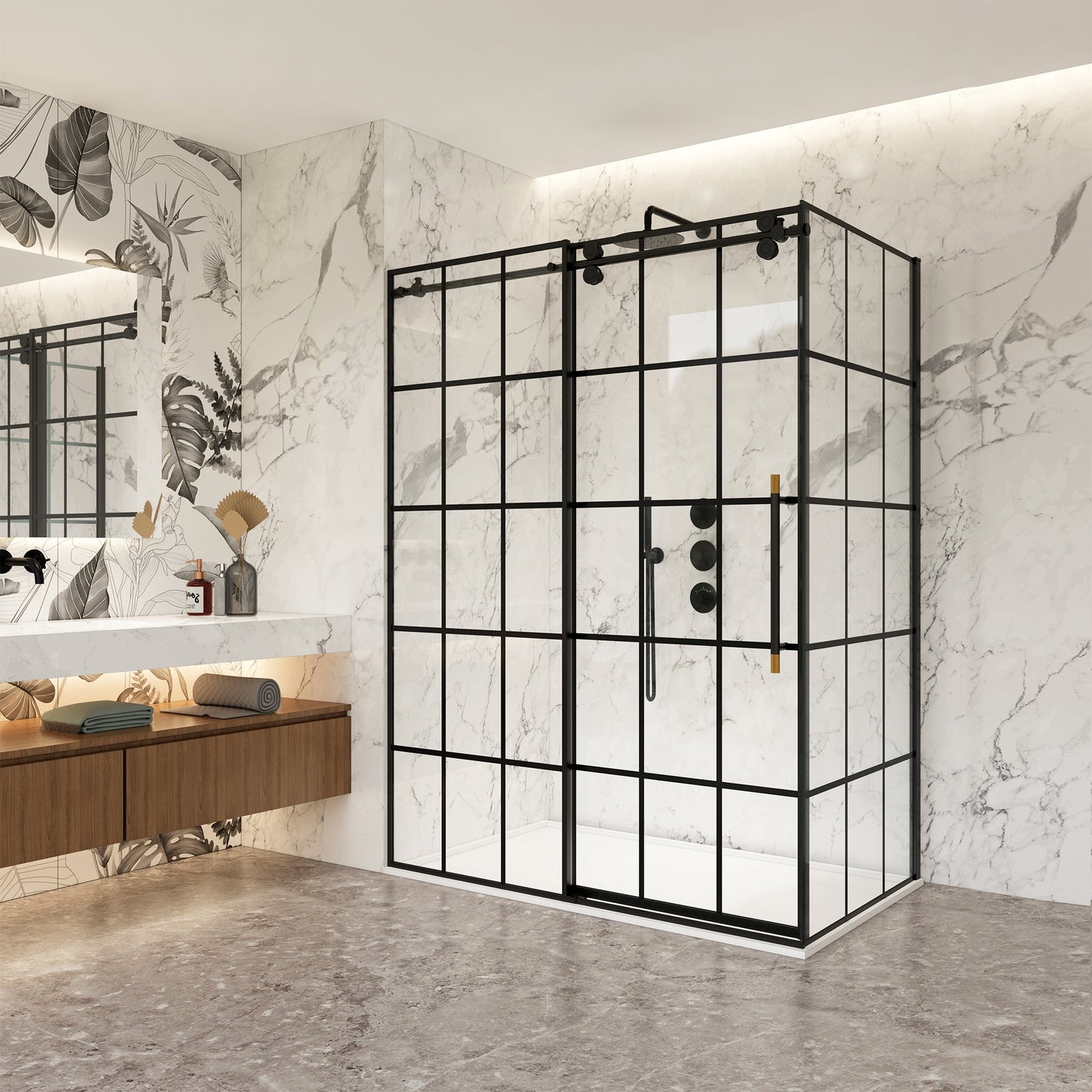 Puente Rectangle Single Sliding Frameless Shower Enclosure in Matte Black