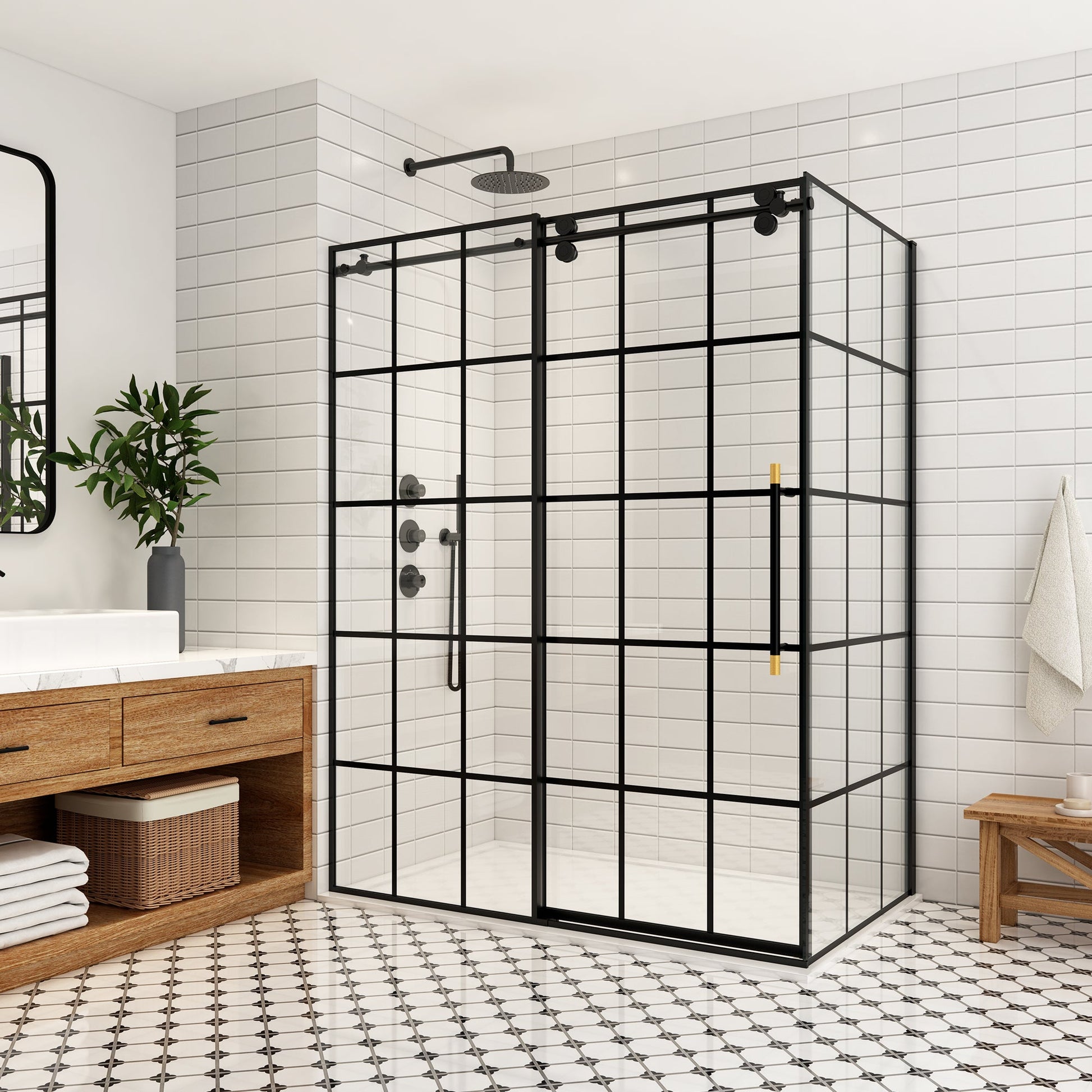 Puente Rectangle Single Sliding Frameless Shower Enclosure in Matte Black