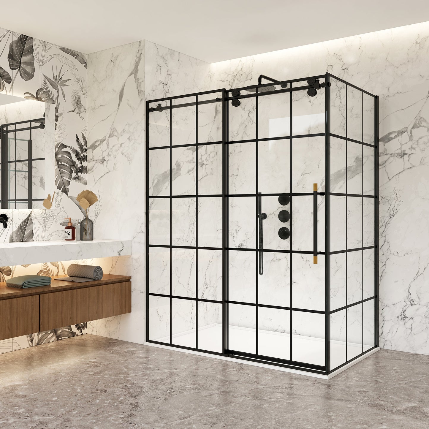 Puente Rectangle Single Sliding Frameless Shower Enclosure in Matte Black