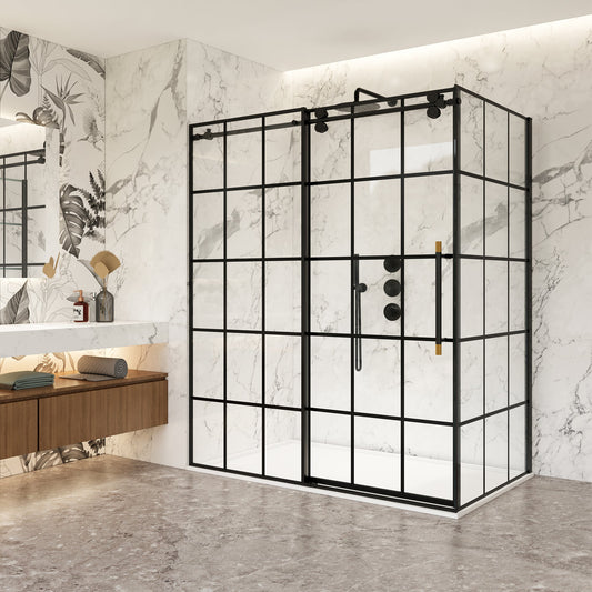 Puente Rectangle Single Sliding Frameless Shower Enclosure in Matte Black