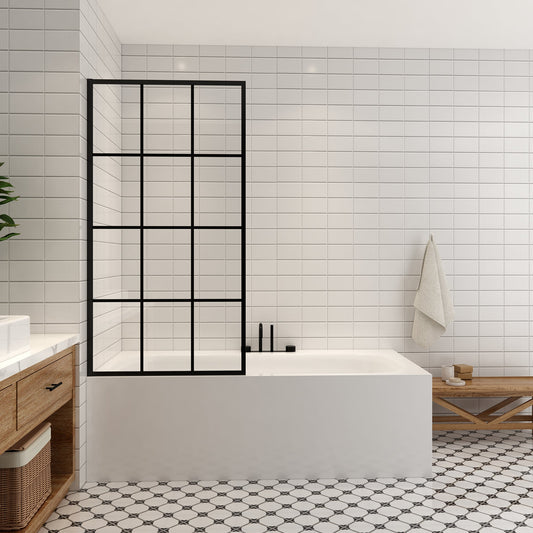 Puente 34" W x 58" H Bathtub Screen Frameless Glass Shower Door Tempered Glass Shower Panel in Matte Black