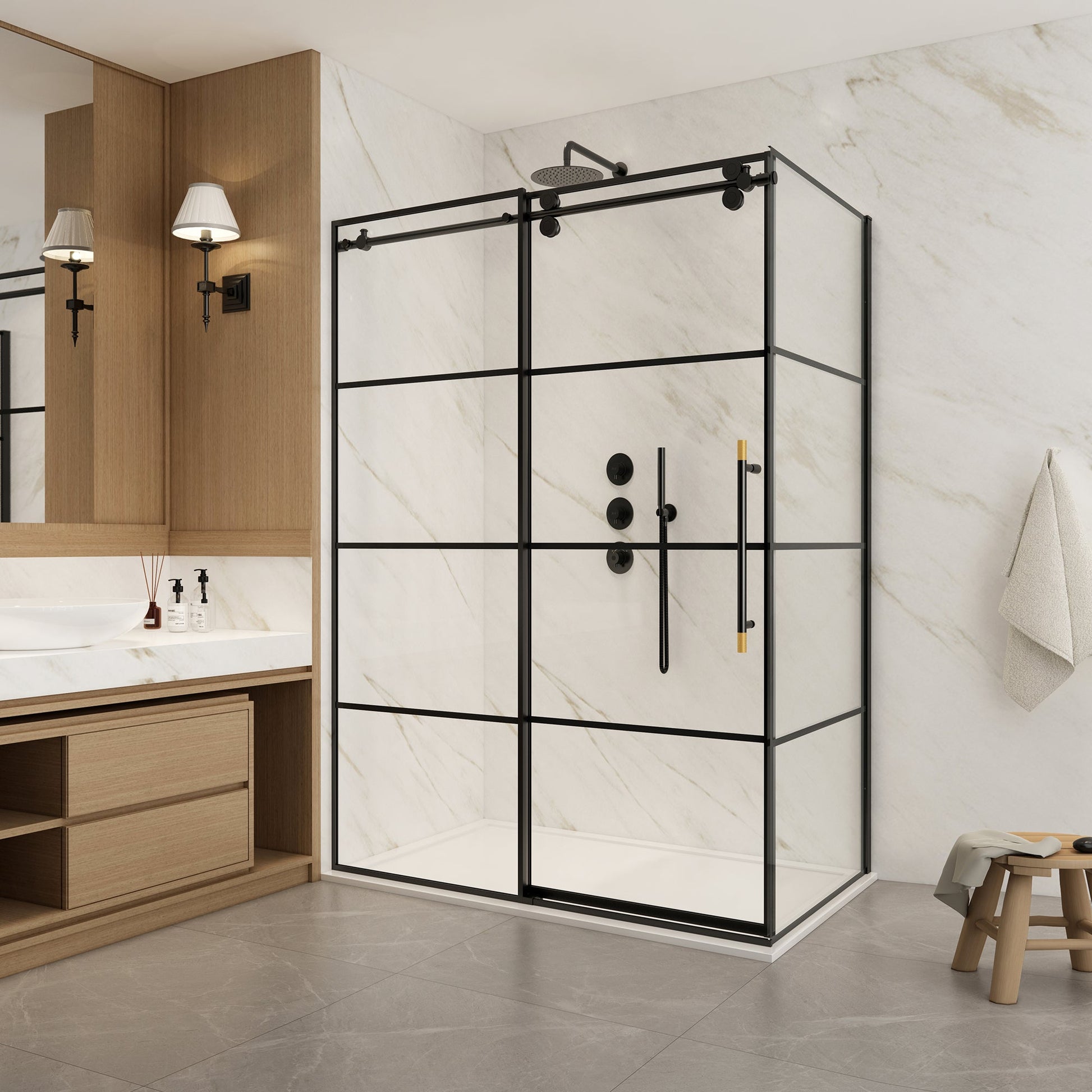 Losar Rectangle Single Sliding Frameless Shower Enclosure in Matte Black
