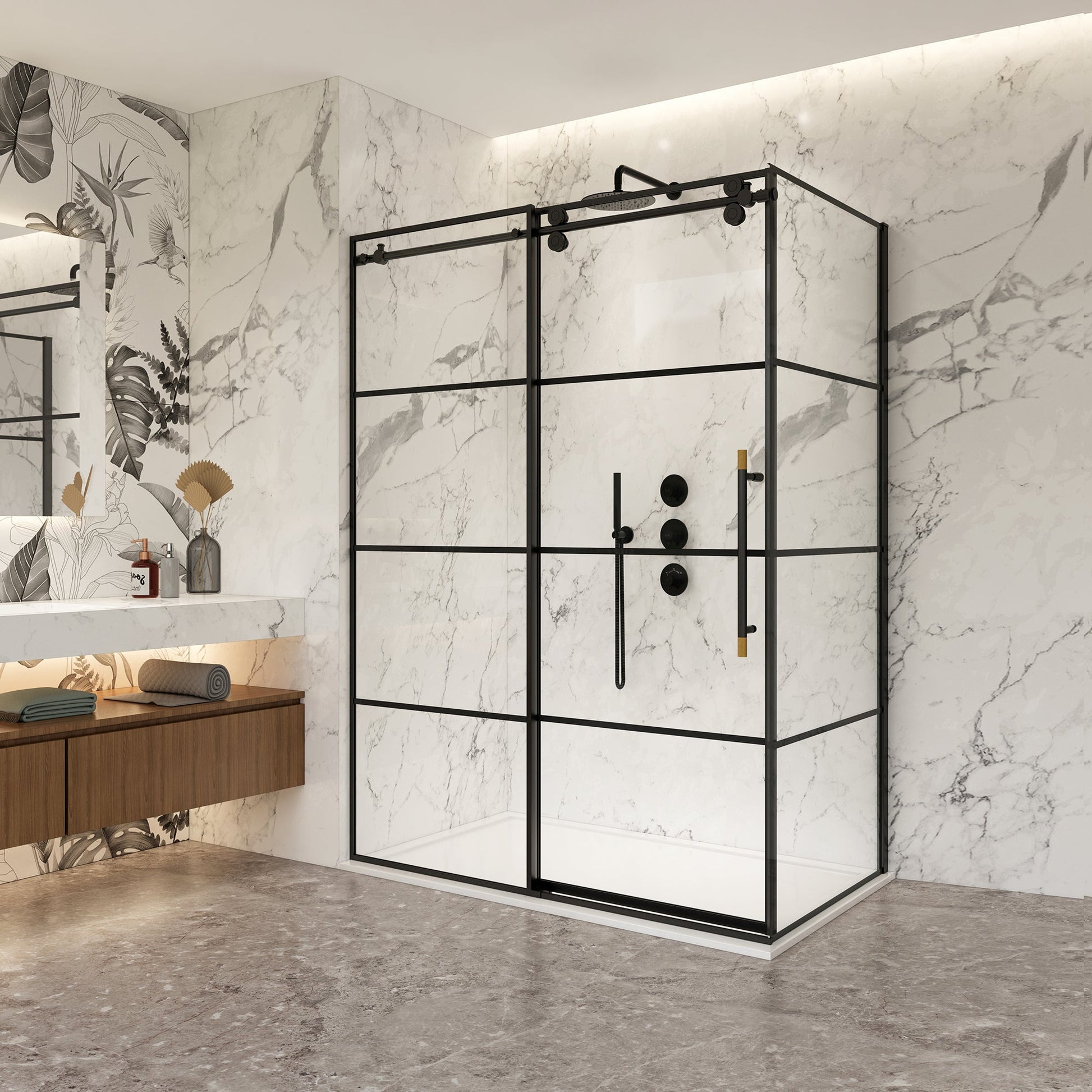Losar Rectangle Single Sliding Frameless Shower Enclosure in Matte Black