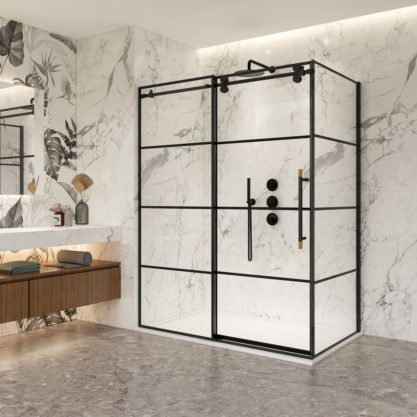Losar Rectangle Single Sliding Frameless Shower Enclosure in Matte Black