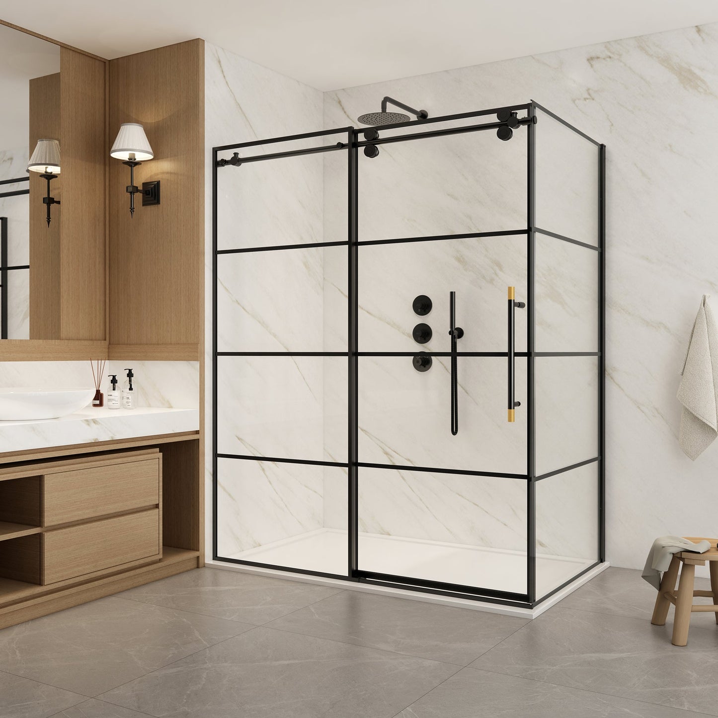 Losar Rectangle Single Sliding Frameless Shower Enclosure in Matte Black