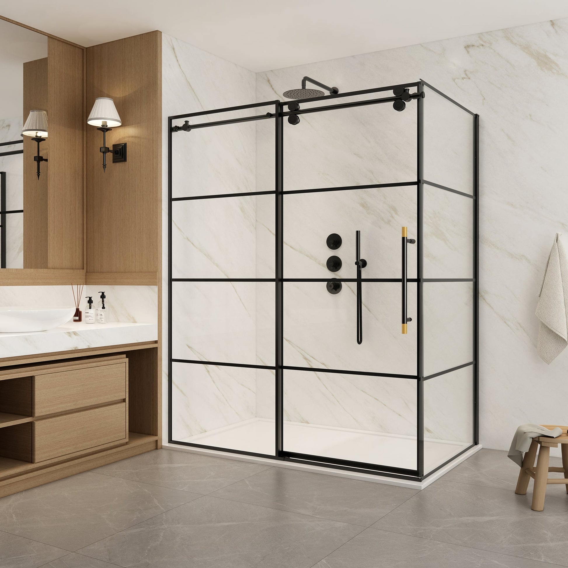 Losar Rectangle Single Sliding Frameless Shower Enclosure in Matte Black