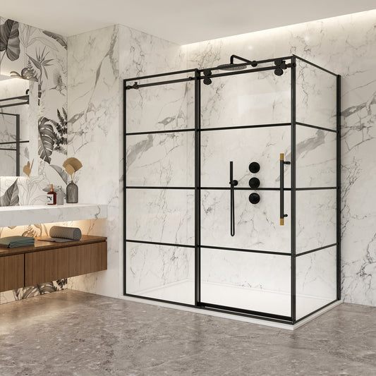 Losar Rectangle Single Sliding Frameless Shower Enclosure in Matte Black