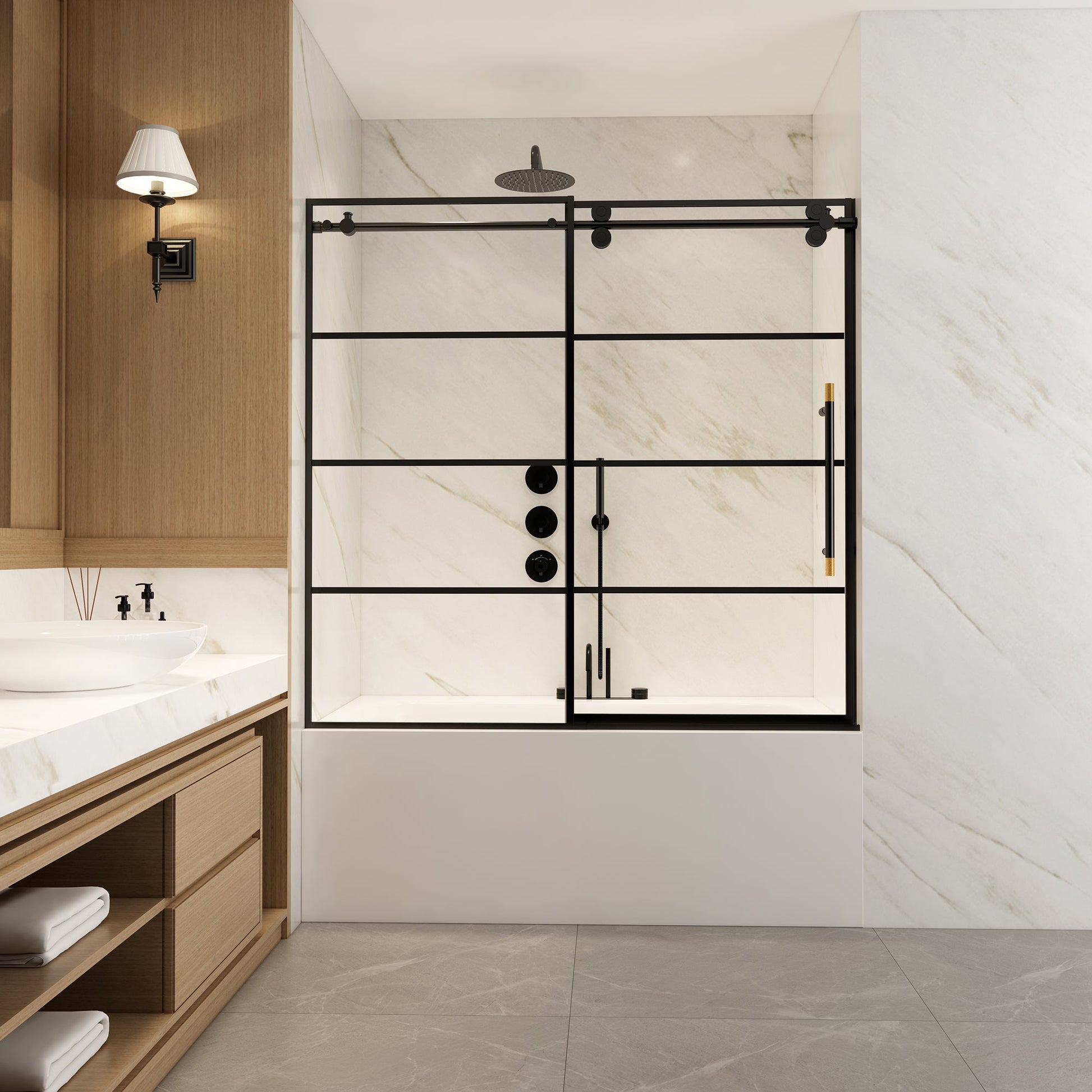 Losar 60" W x 66" H Sliding Frameless Bathtub Shower Door Tempered Glass in Matte Black