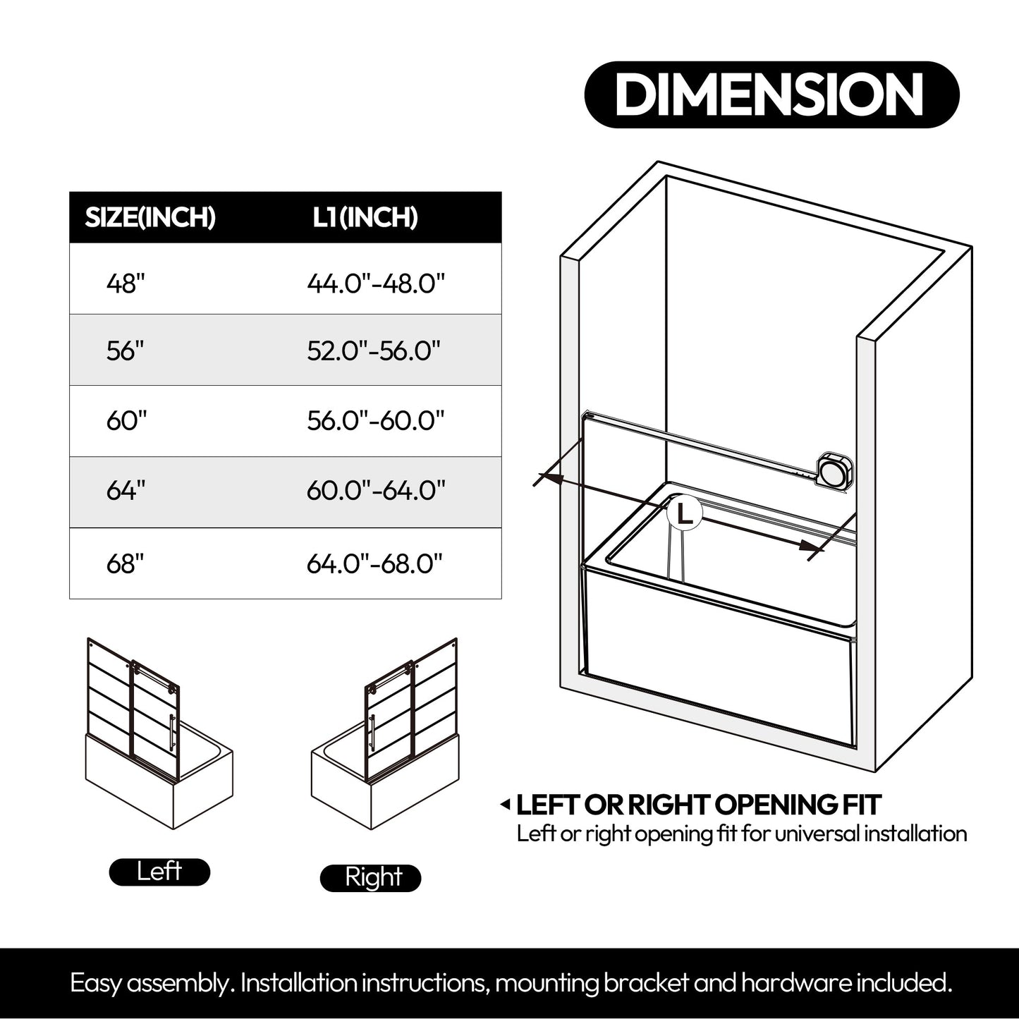 Losar 60" W x 66" H Sliding Frameless Bathtub Shower Door Tempered Glass in Matte Black