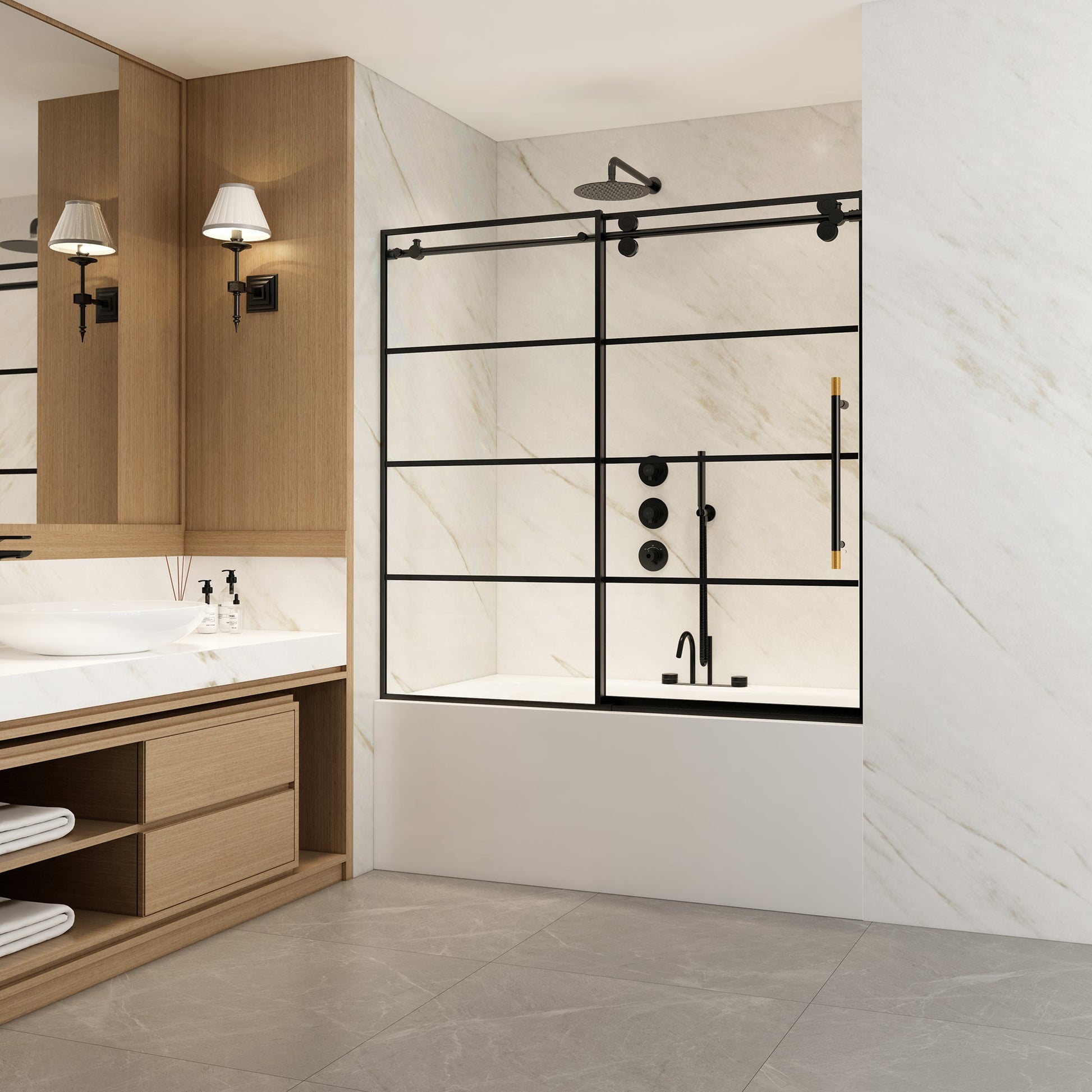 Losar 60" W x 66" H Sliding Frameless Bathtub Shower Door Tempered Glass in Matte Black
