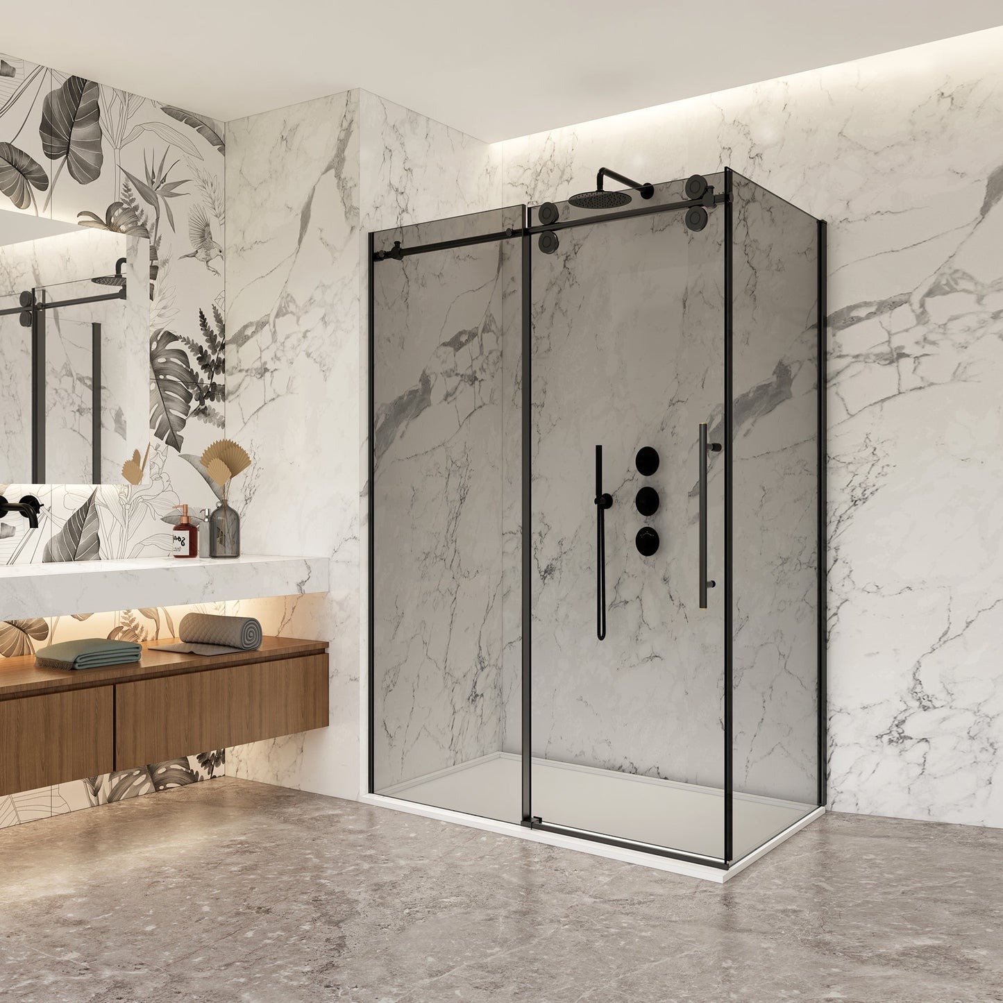 Echarri Rectangle Single Sliding Frameless Shower Enclosure in Matte Black