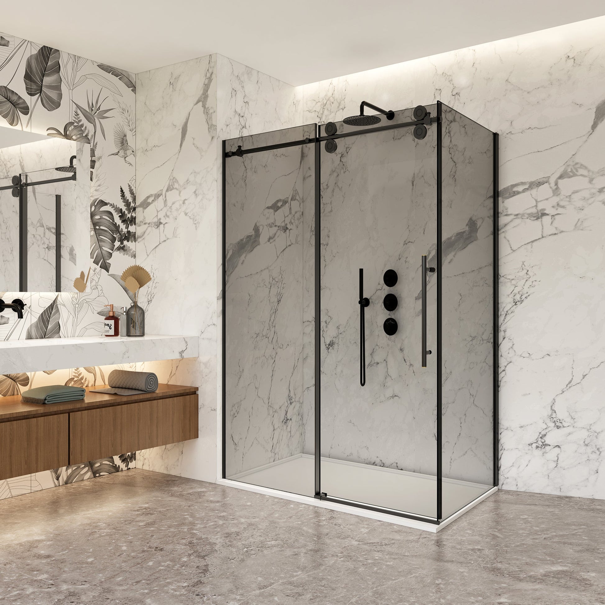 Echarri Rectangle Single Sliding Frameless Shower Enclosure in Matte Black