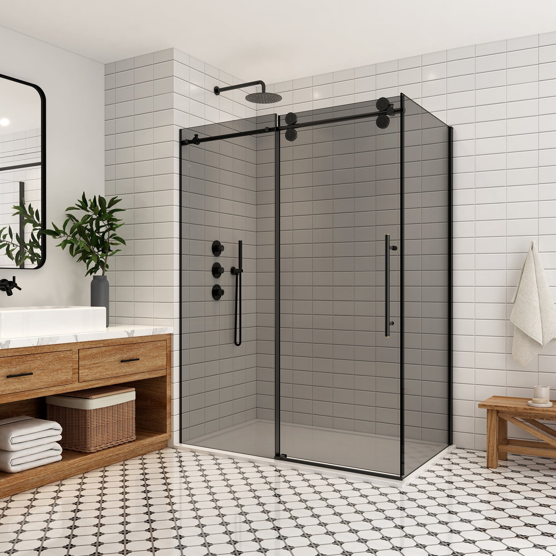 Echarri Rectangle Single Sliding Frameless Shower Enclosure in Matte Black