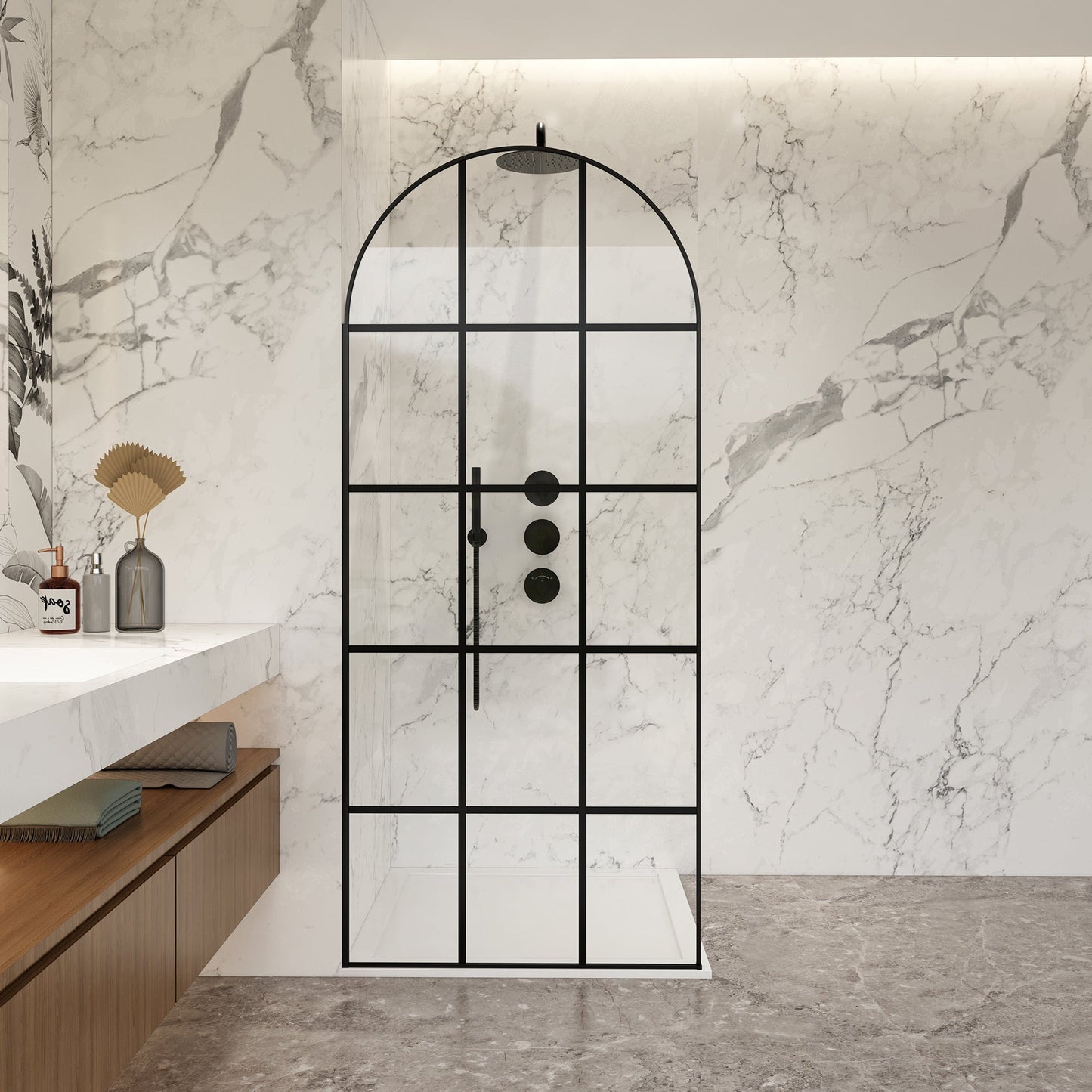 Aranaz 34" W x 78" H Fixed Single Panel Frameless Shower Door in Matte Black with Clear Glass