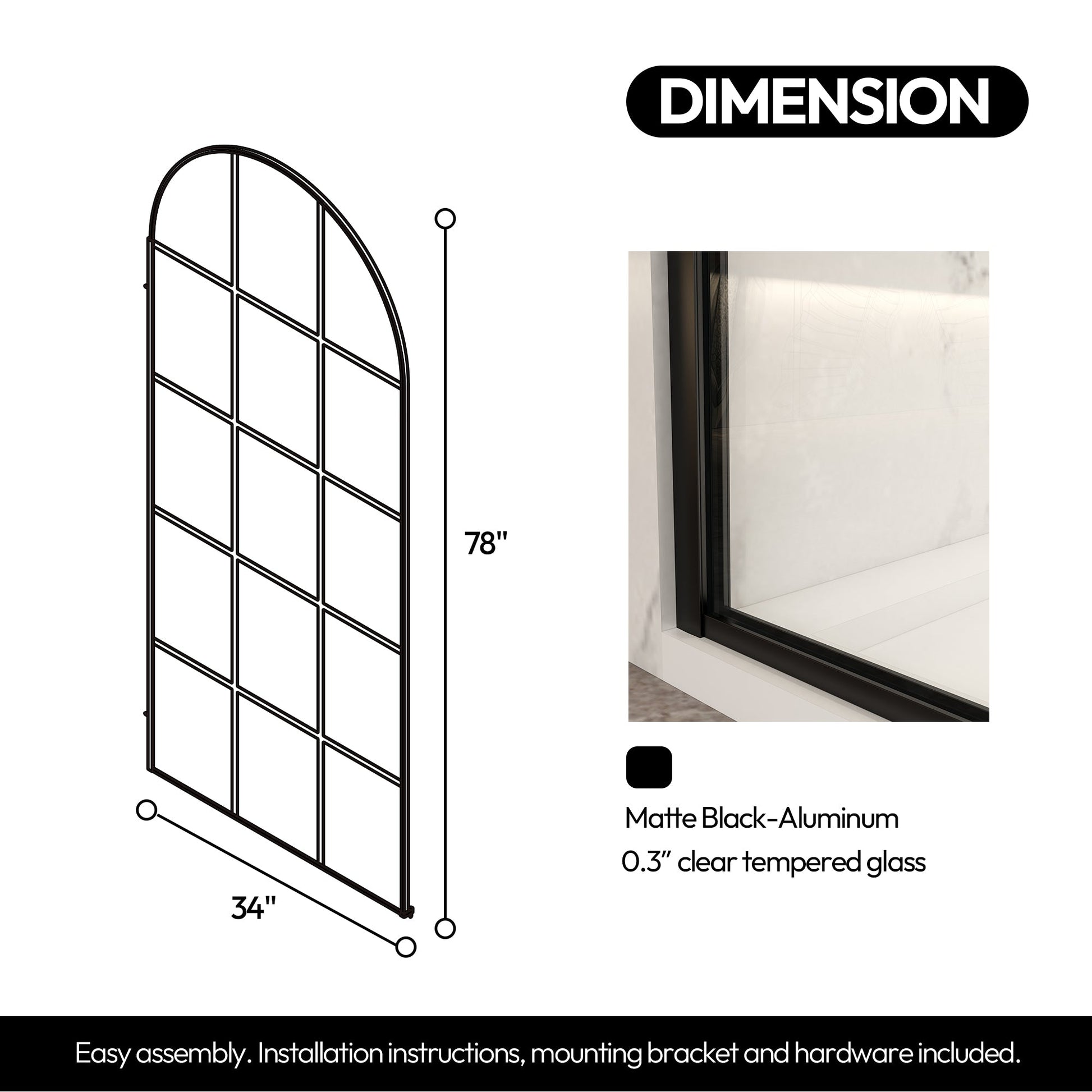 Aranaz 34" W x 78" H Fixed Single Panel Frameless Shower Door in Matte Black with Clear Glass