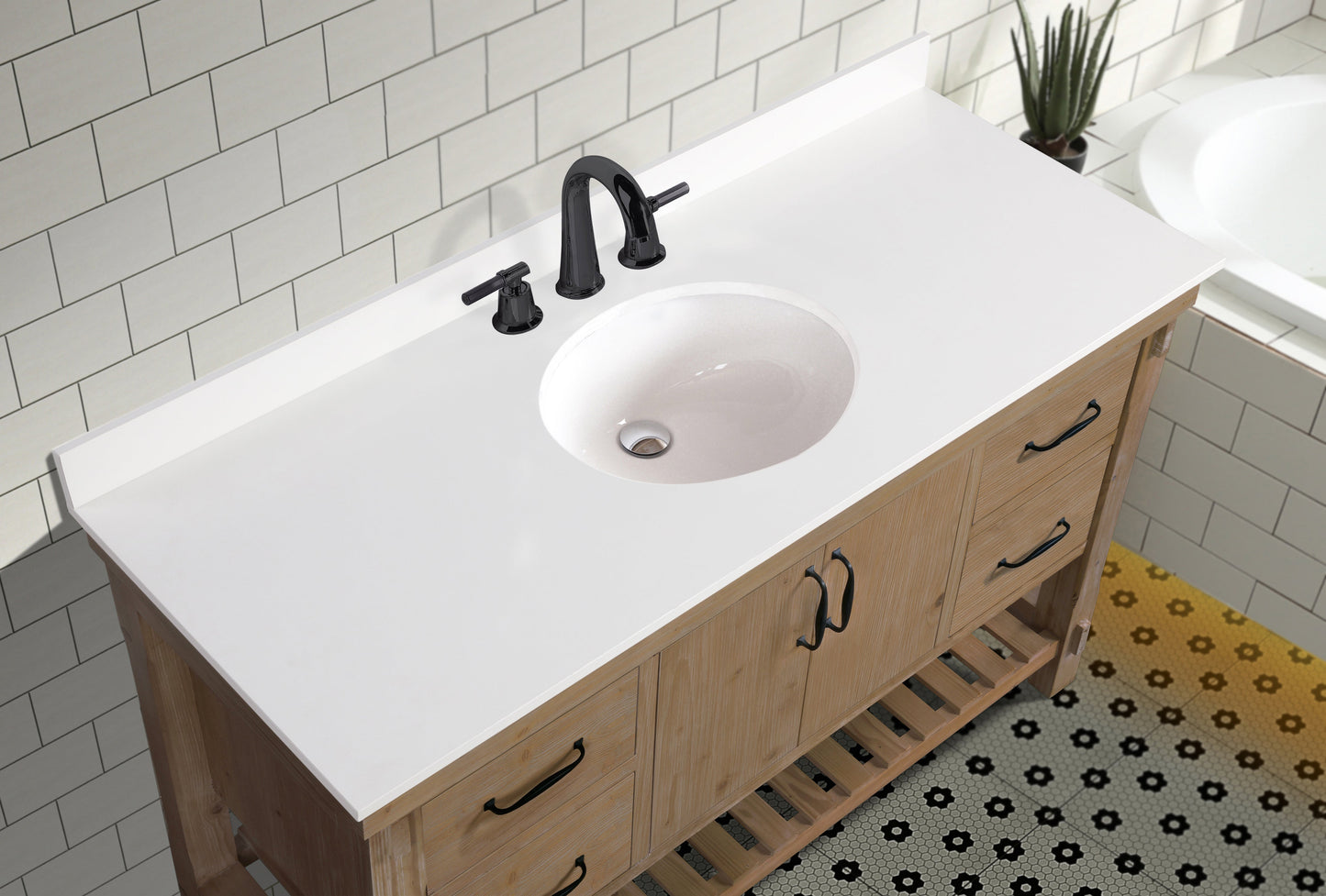 Marina 55" Bathroom Vanity Weathered Fir Finish - White Engineered Stone Countertop