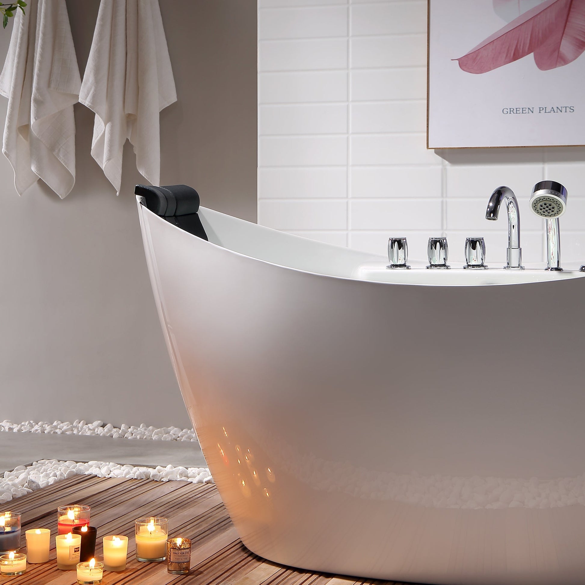 59" Freestanding Boat-shaped Whirlpool Bathtub with Center Drain