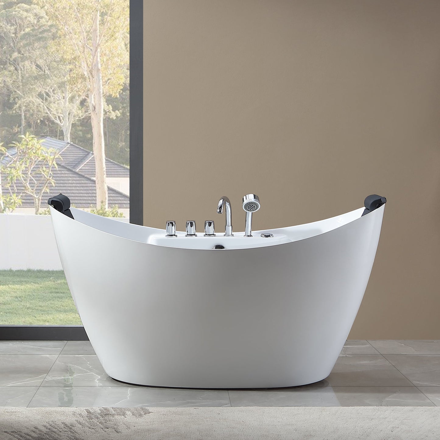59" Freestanding Boat-shaped Whirlpool Bathtub with Center Drain