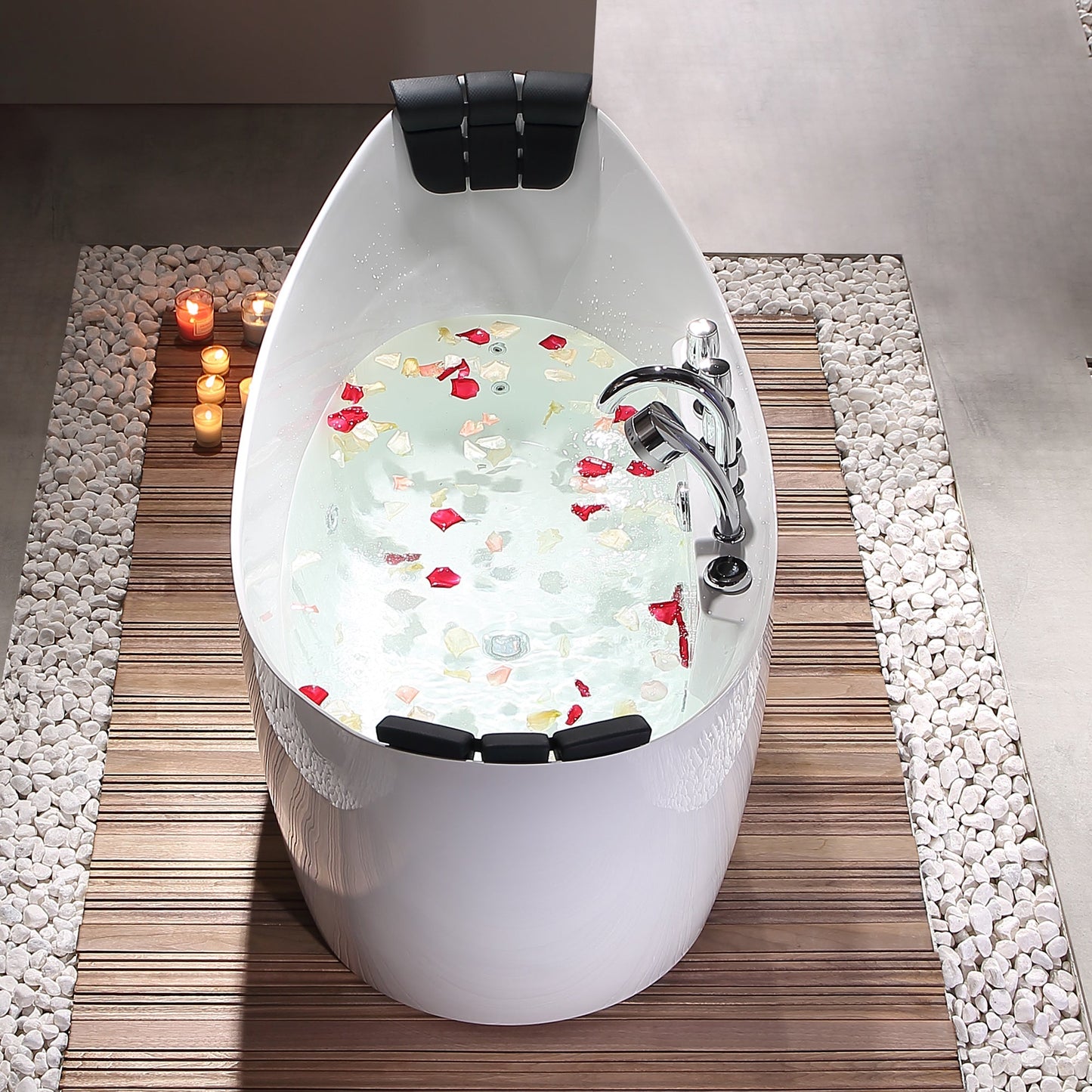 59" Freestanding Boat-shaped Whirlpool Bathtub with Center Drain