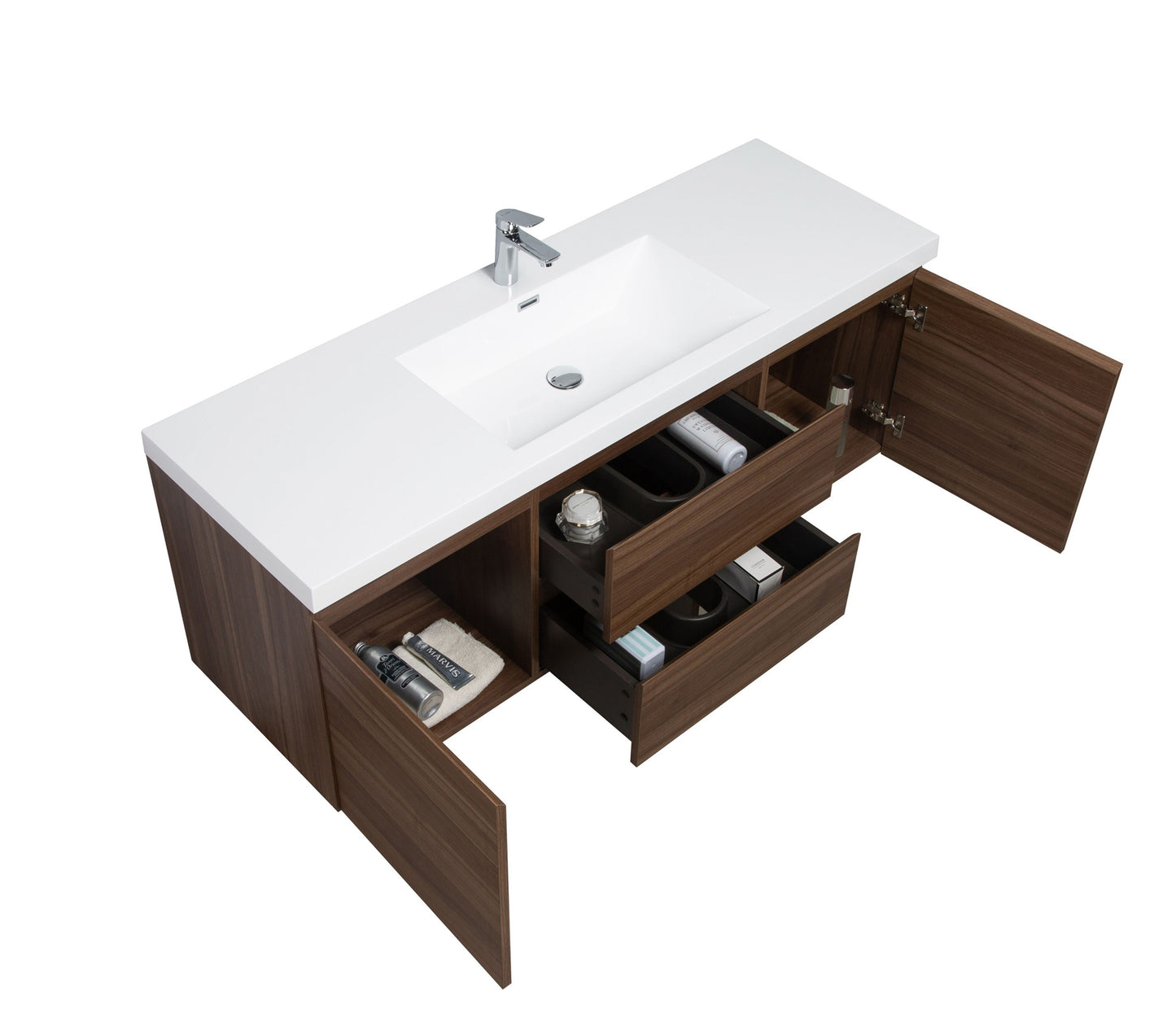 60" Ebony Brown Single Sink Wall Mounted Vanity With Integrated Sink