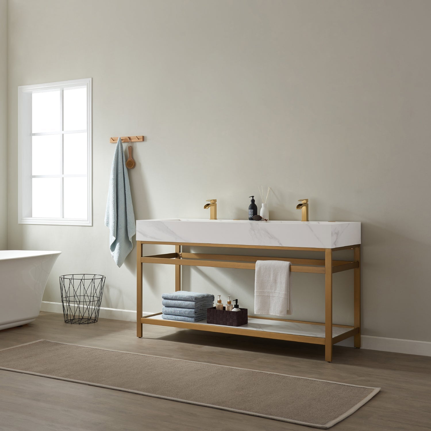 Bilbao 60" Double Vanity with Brushed-gold stainless steel bracket match with Snow mountain-white stone Countertop