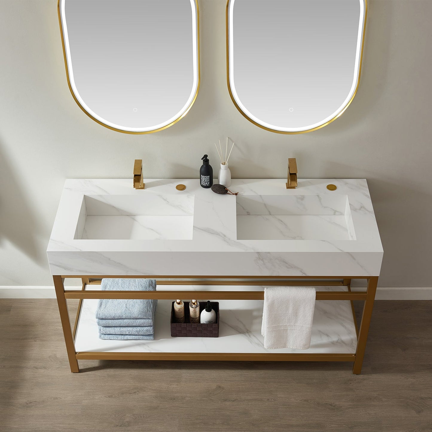 Bilbao 60" Double Vanity with Brushed-gold stainless steel bracket match with Snow mountain-white stone Countertop