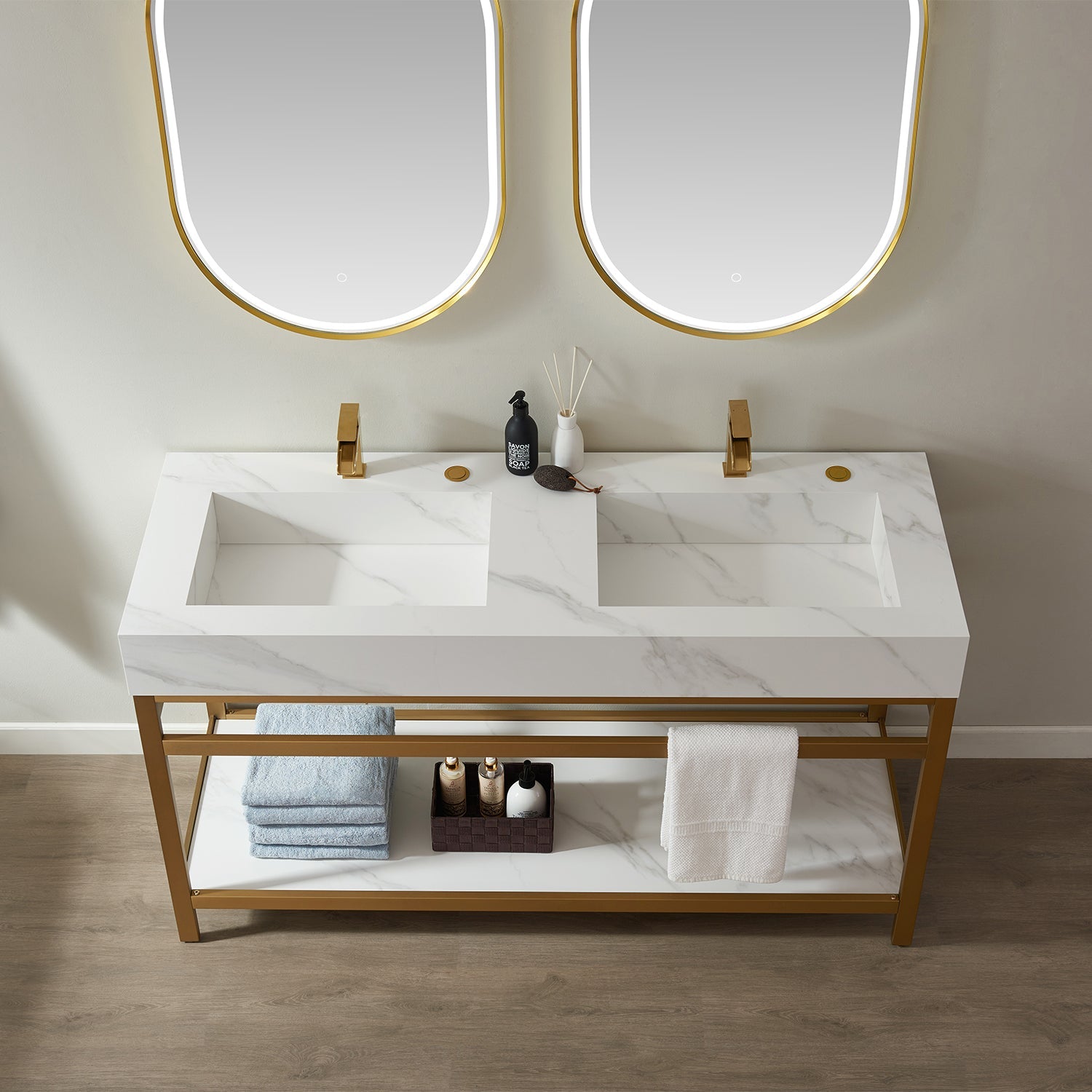 Bilbao 60" Double Vanity with Brushed-gold stainless steel bracket match with Snow mountain-white stone Countertop