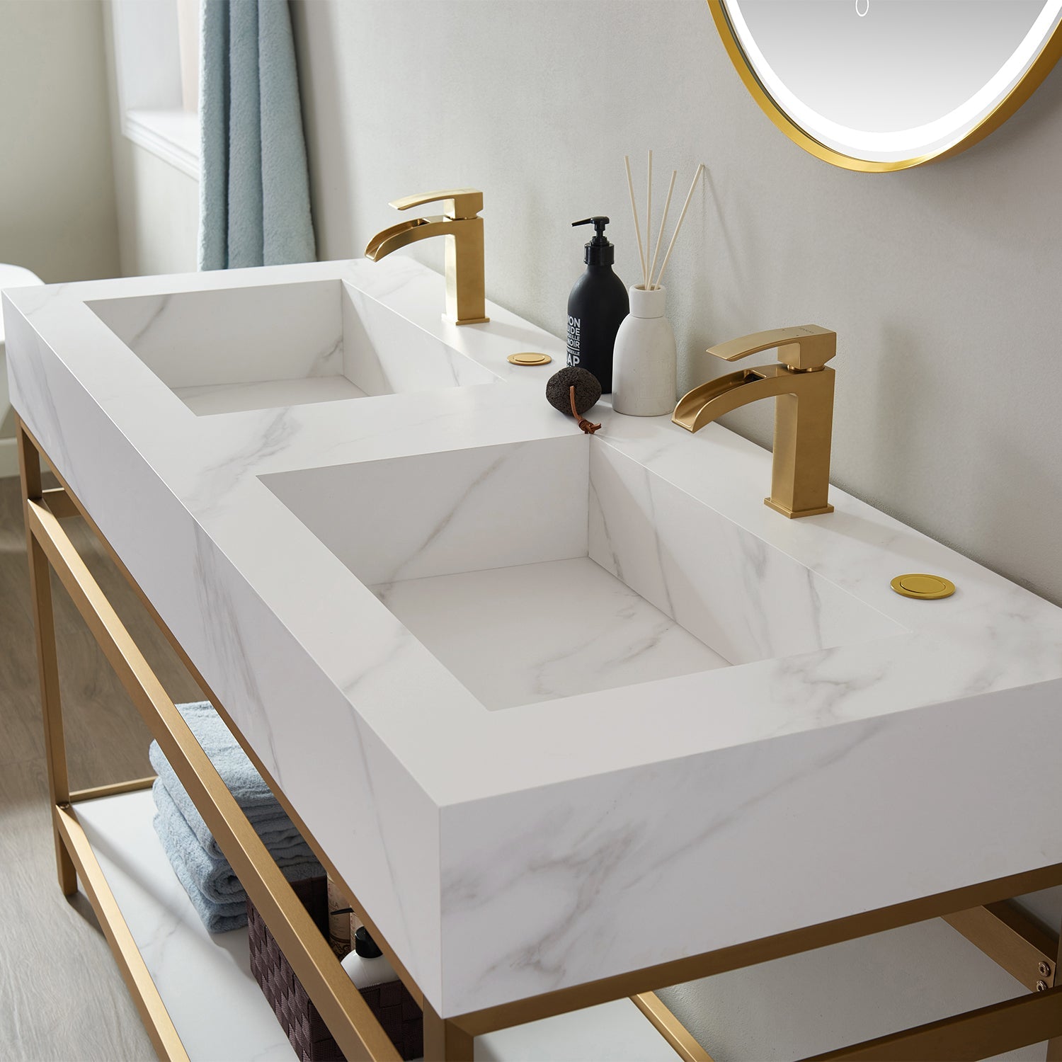 Bilbao 60" Double Vanity with Brushed-gold stainless steel bracket match with Snow mountain-white stone Countertop