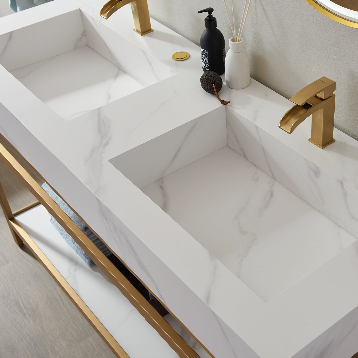 Bilbao 60" Double Vanity with Brushed-gold stainless steel bracket match with Snow mountain-white stone Countertop