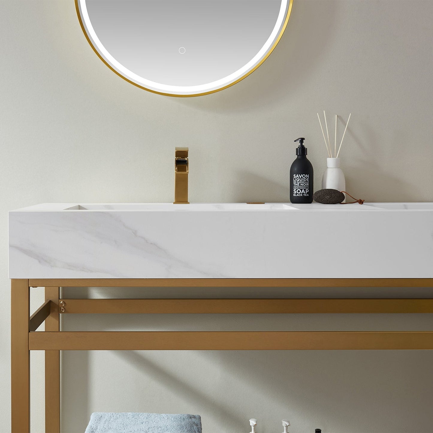 Bilbao 60" Double Vanity with Brushed-gold stainless steel bracket match with Snow mountain-white stone Countertop