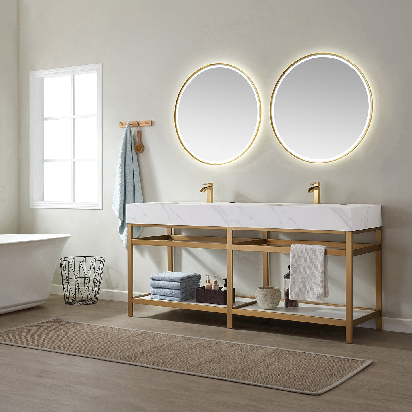 Bilbao 72" Double Vanity with Brushed-gold stainless steel bracket match with Snow mountain-white stone Countertop