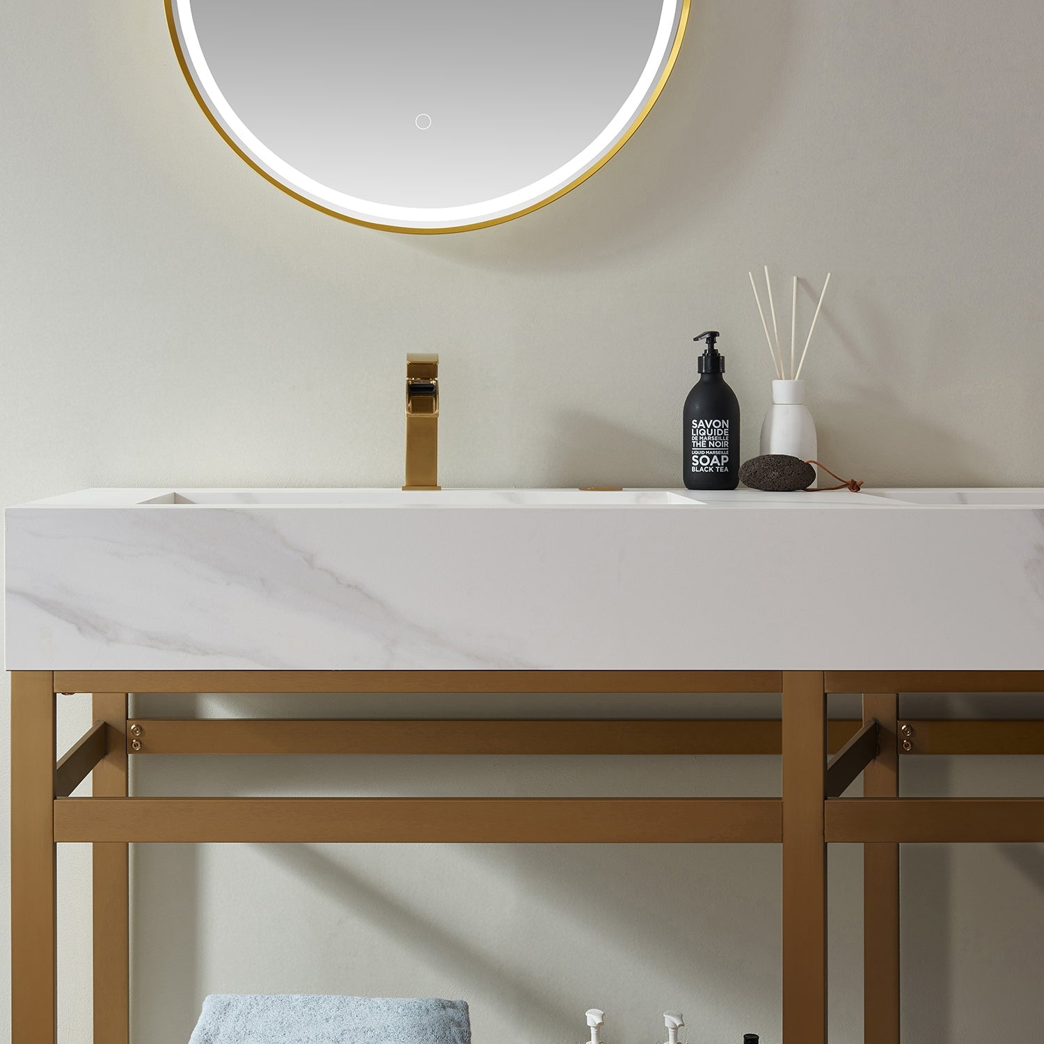 Bilbao 72" Double Vanity with Brushed-gold stainless steel bracket match with Snow mountain-white stone Countertop