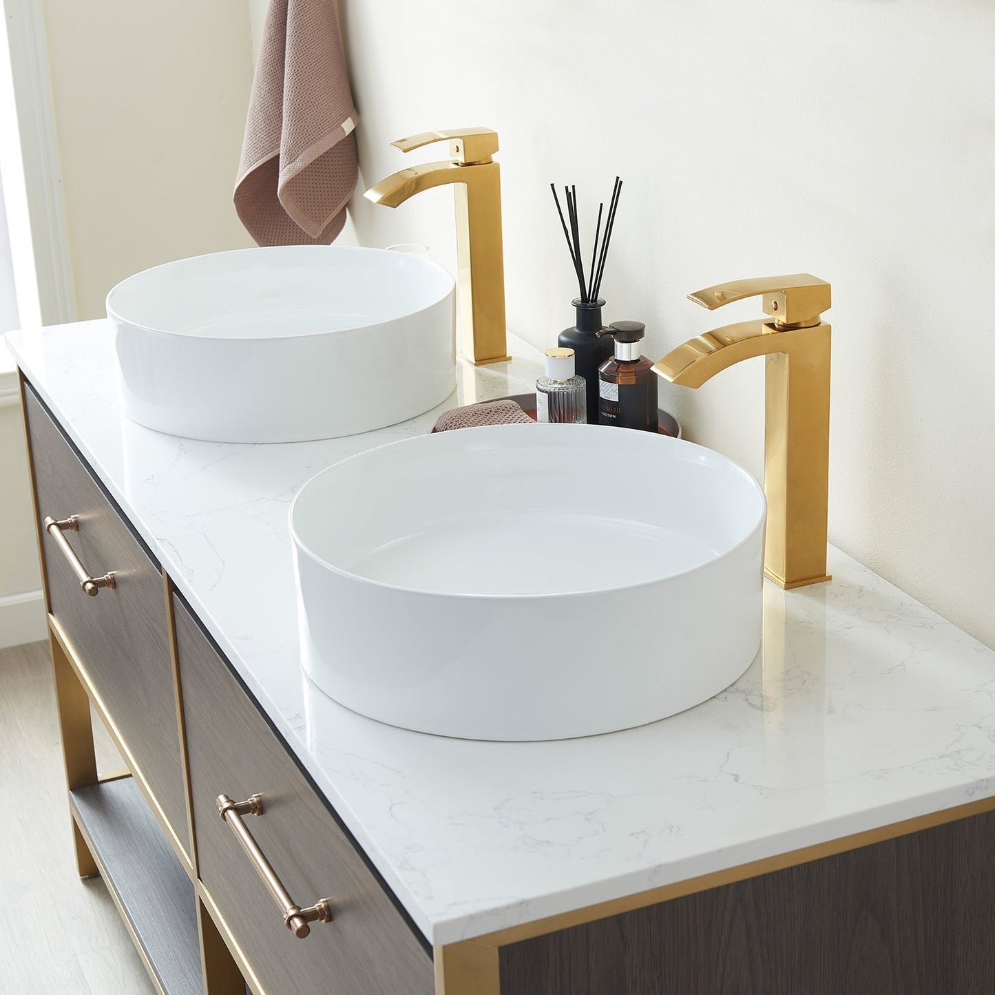 Murcia 72G" Double Sink Bath Vanity in Suleiman Oak with White Composite Grain Stone Countertop