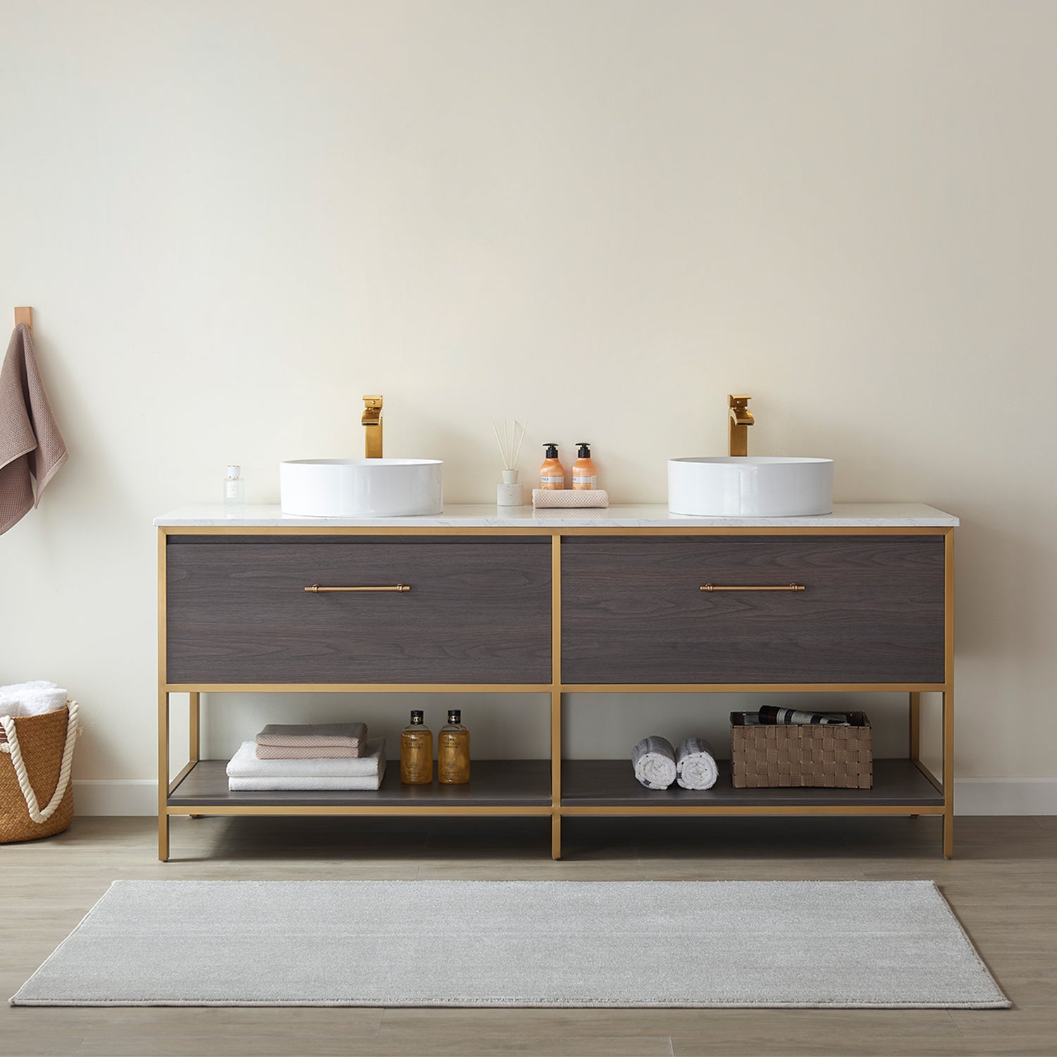 Murcia 72G" Double Sink Bath Vanity in Suleiman Oak with White Composite Grain Stone Countertop