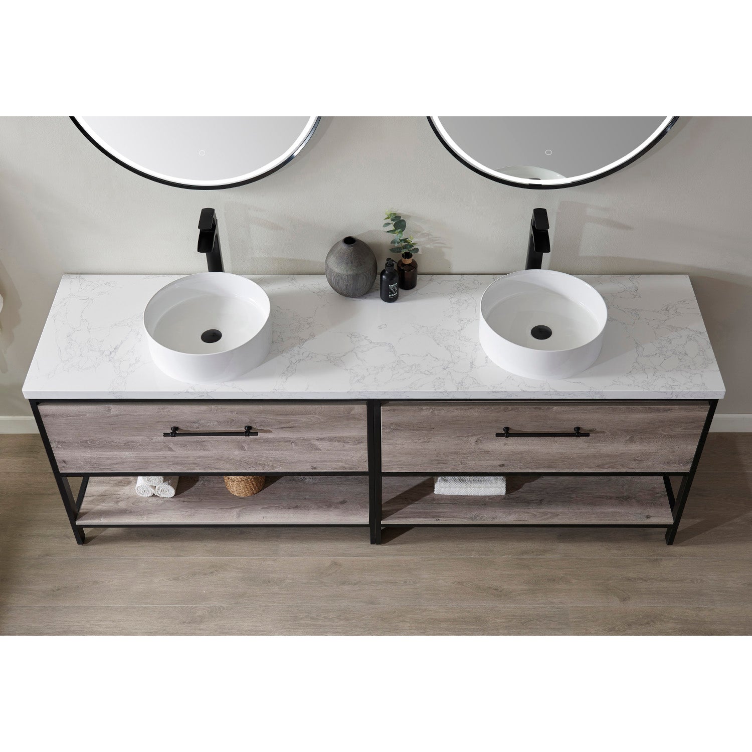 Murcia 84" Vanity in Mexican Oak with White Composite Grain Stone Countertop and Ceramic Vessel Sink