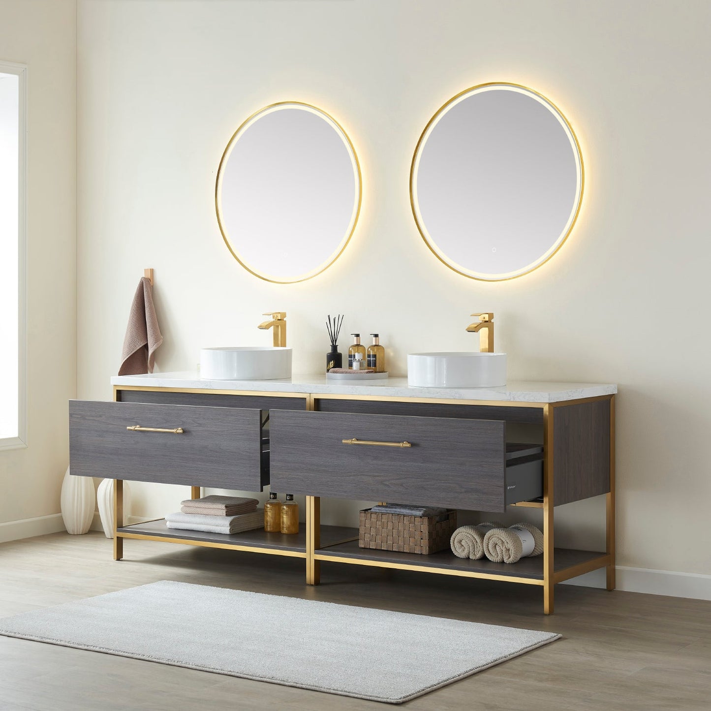 Murcia 72G" Double Sink Bath Vanity in Suleiman Oak with White Composite Grain Stone Countertop