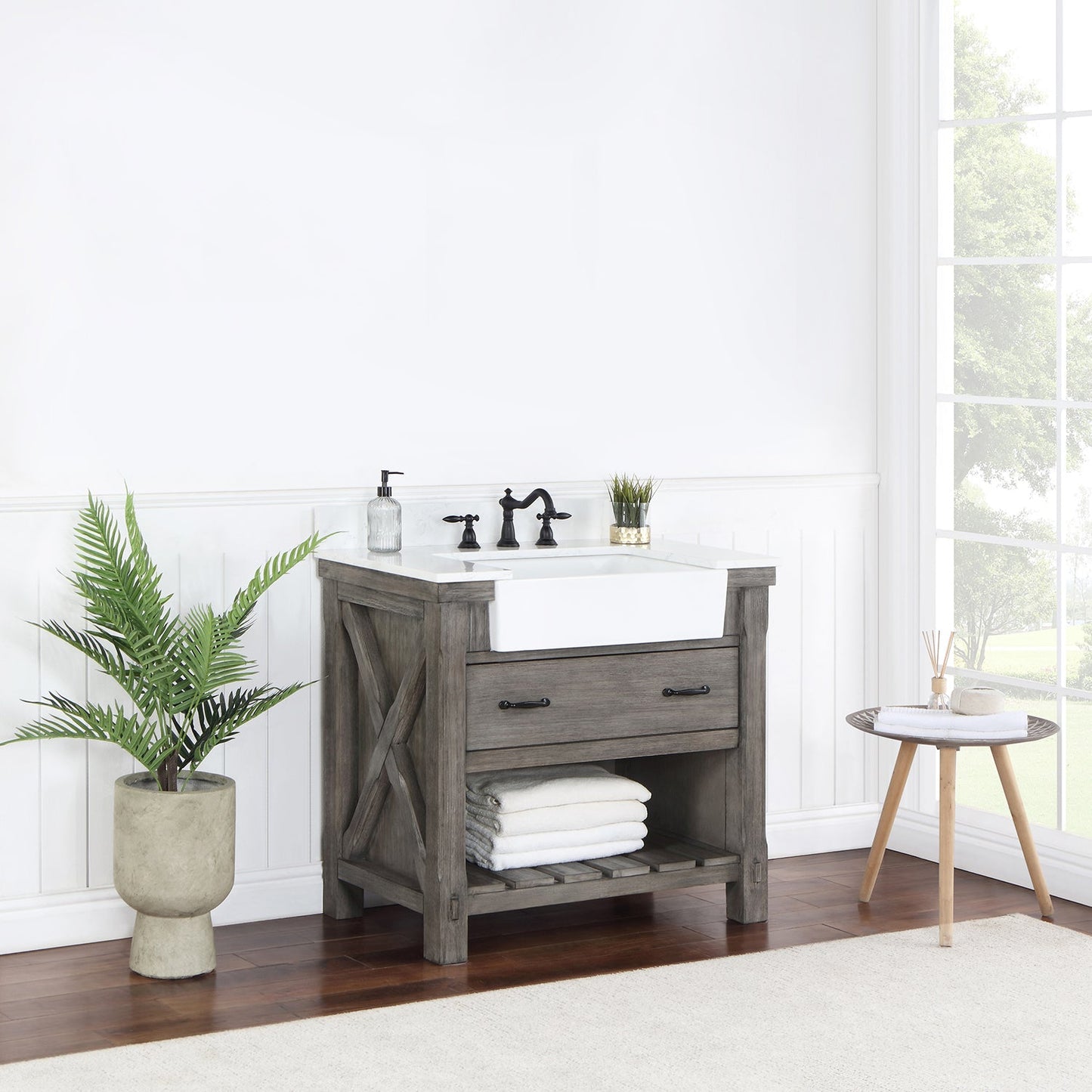 Villareal 36" Single Vanity in Classical Grey with Composite Stone Top in White, White Farmhouse Basin